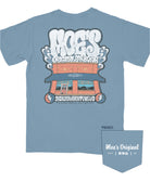 Moe's Ice Blue T-Shirt with White text "Moe's Original Barbeque" above an illustration of the Moe's Building 