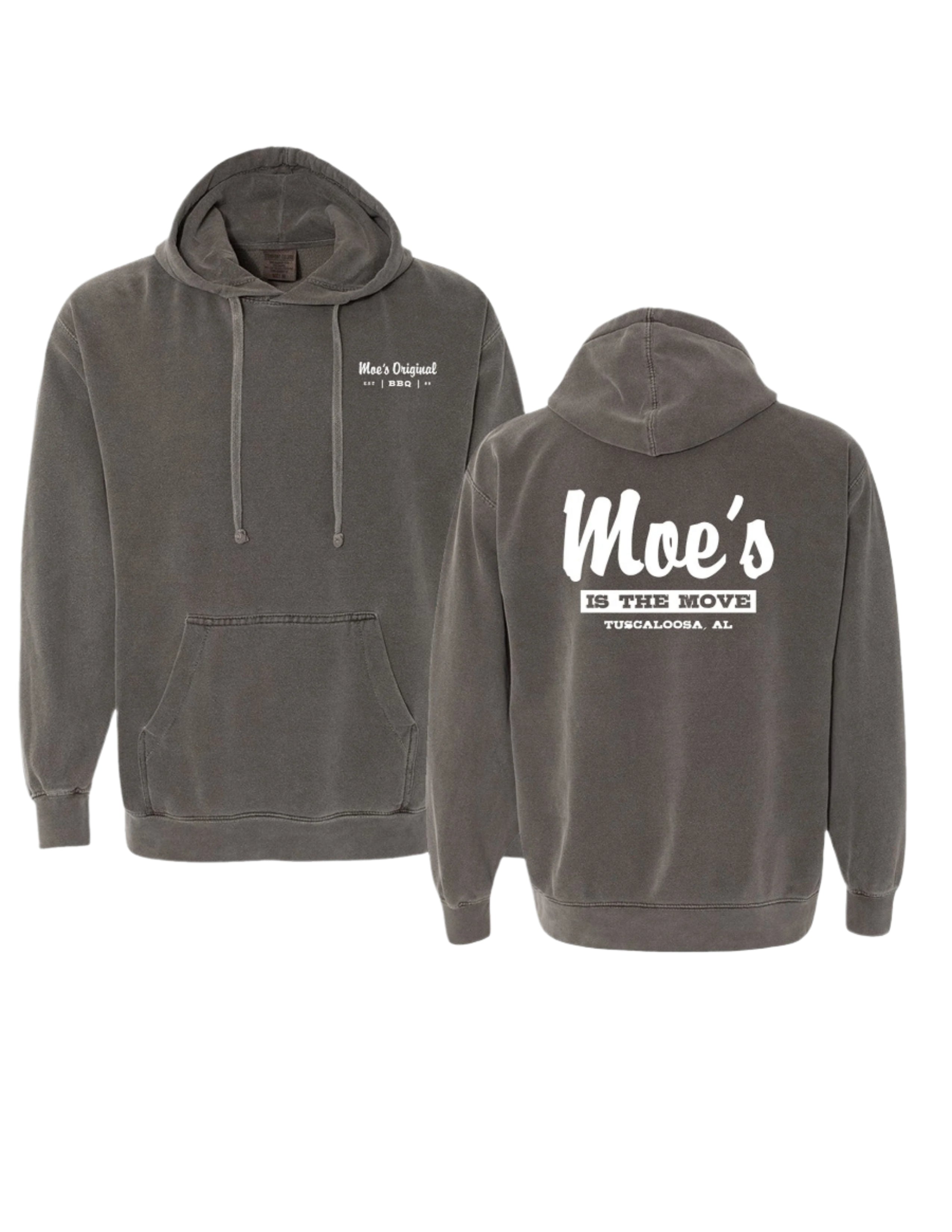 Moe's Grey Hoodie with White text "Moe's IS THE Move" printed on the back