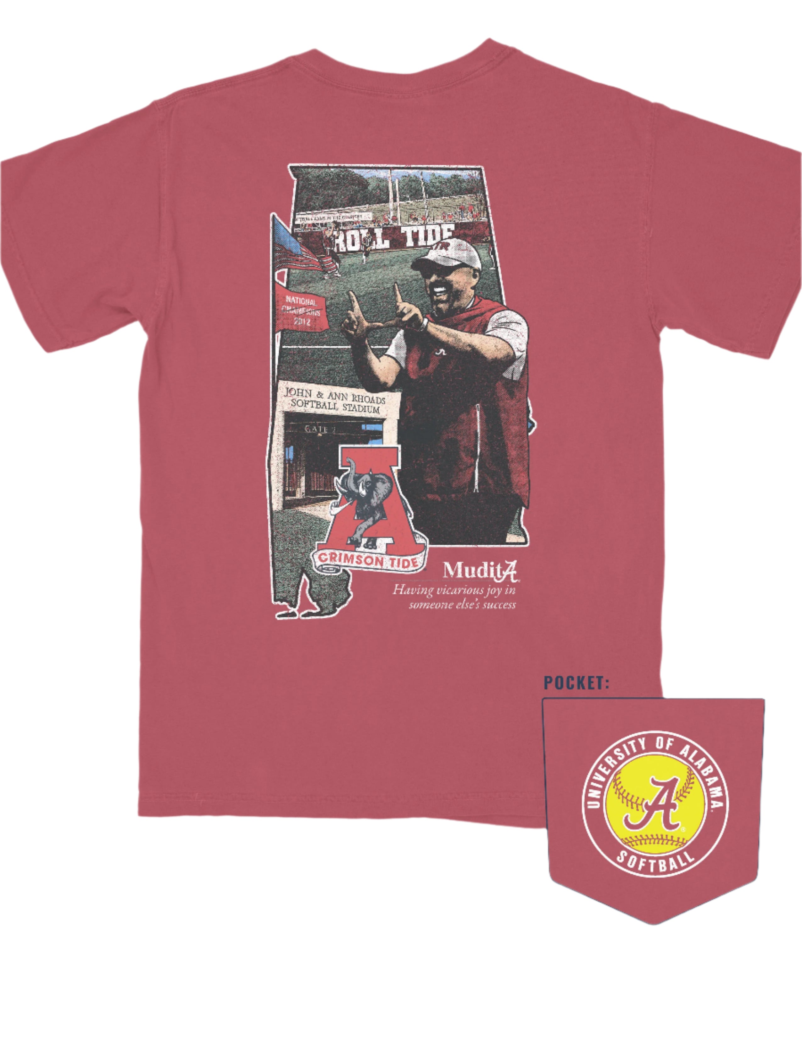 University of Alabama Red T-Shirt featuring a graphic collage of a coach, sports stadium, and the University of Alabama's vintage logo, with the text 'Mudita' and the university's slogan 'Roll Tide!'.