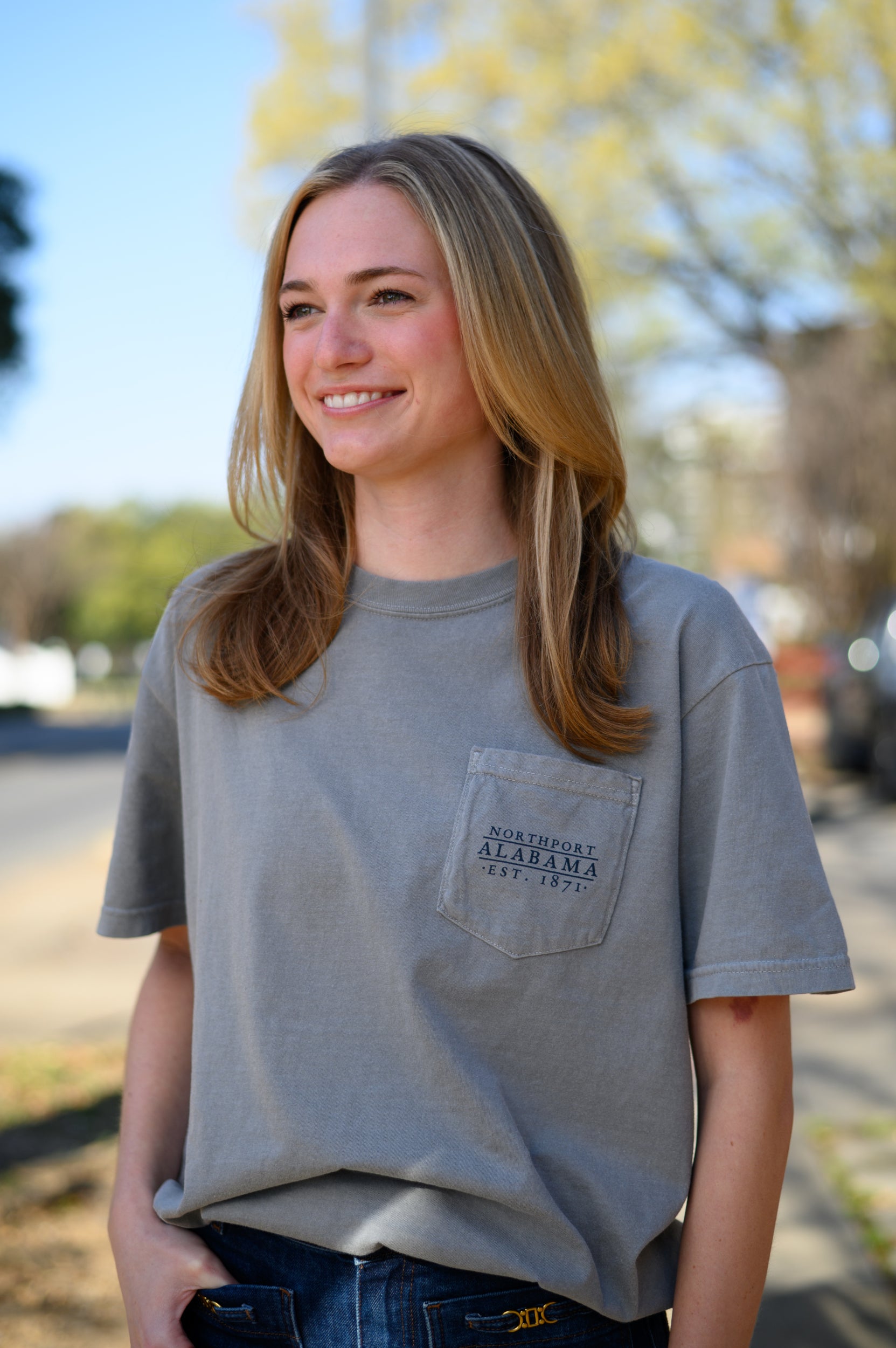 Local Merch Front Pocket Design Featuring Text “Northport Alabama EST 1871”