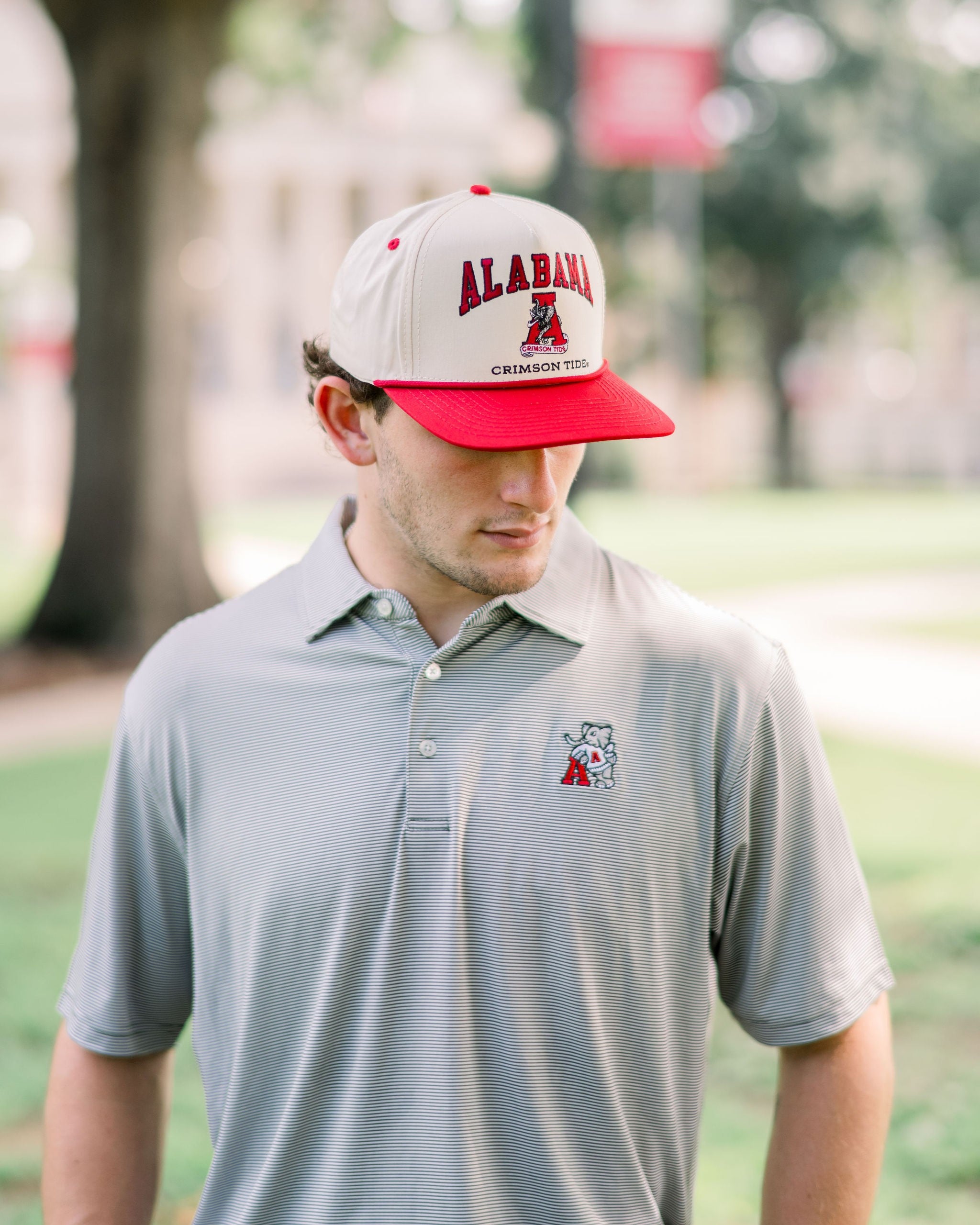 University of Alabama Dark Grey Stripe Performance Pullover with Old School Al Logo Embroidery