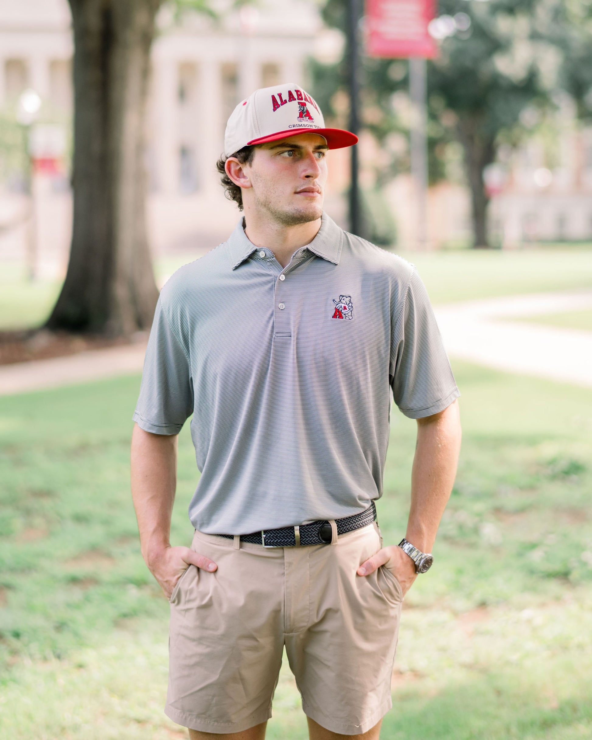 University of Alabama Dark Grey Stripe Performance Pullover with Old School Al Logo Embroidery