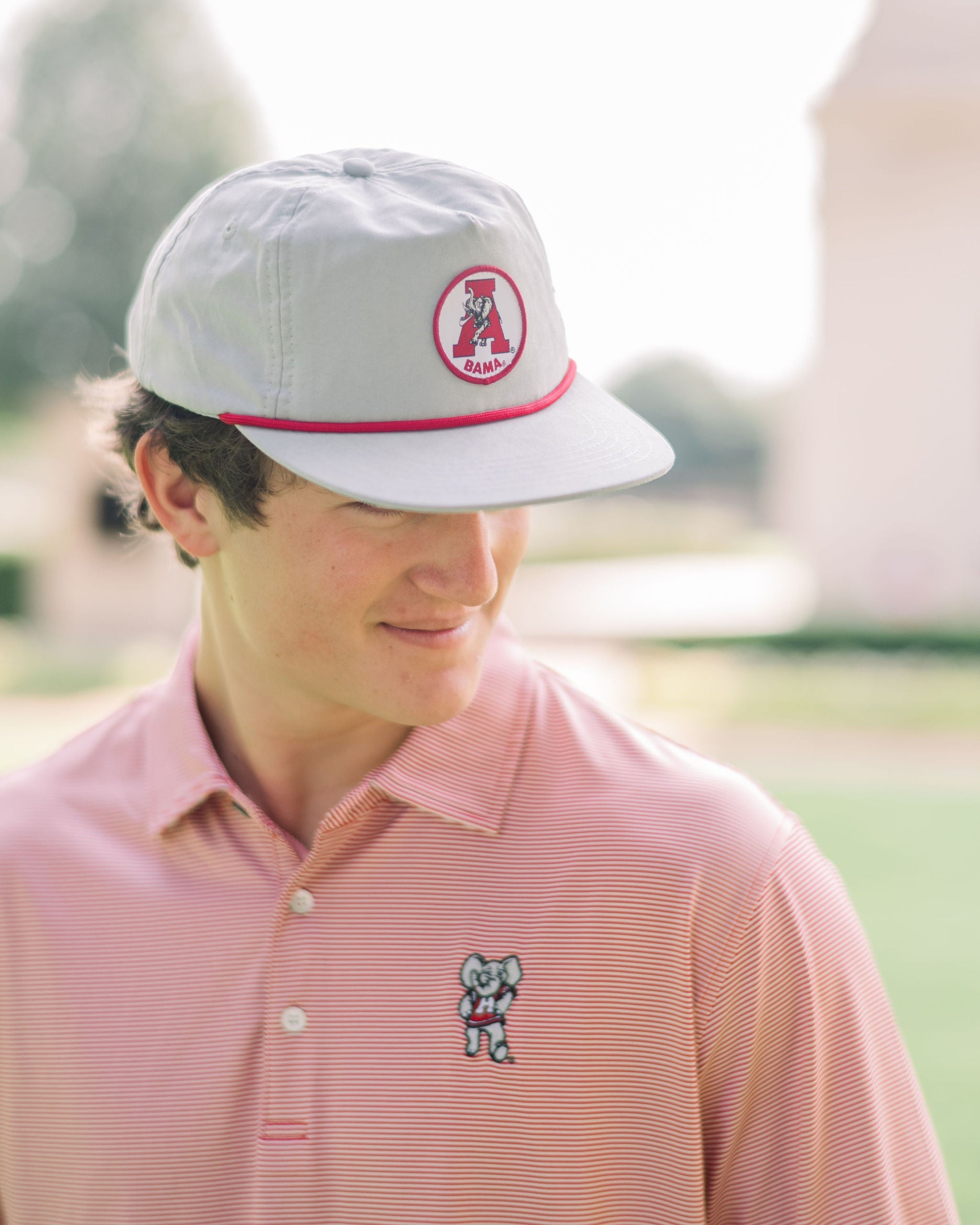 University of Alabama Light Grey Hat with a Red rope and a patch of the Vintage A Logo