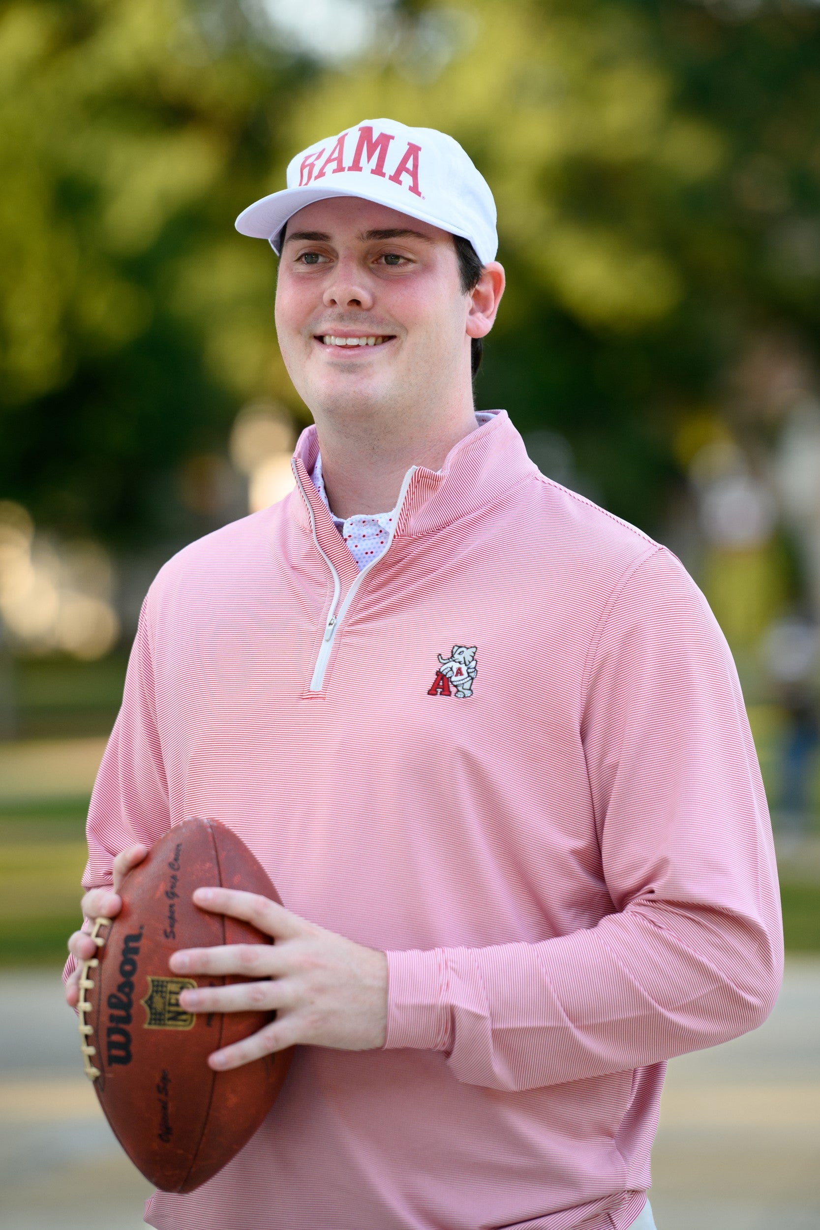 University of Alabama Red Men's Stripe ¼ Zip with an embroidered Big Al leaning on a Red Block A
