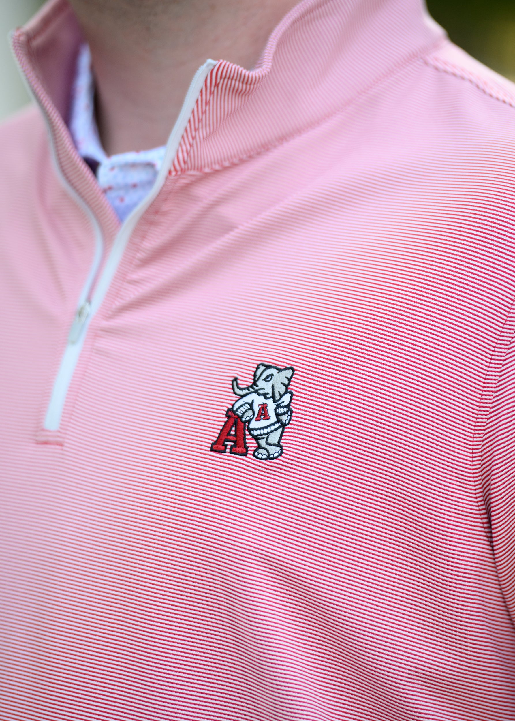 University of Alabama Red Men's Stripe ¼ Zip with an embroidered Big Al leaning on a Red Block A