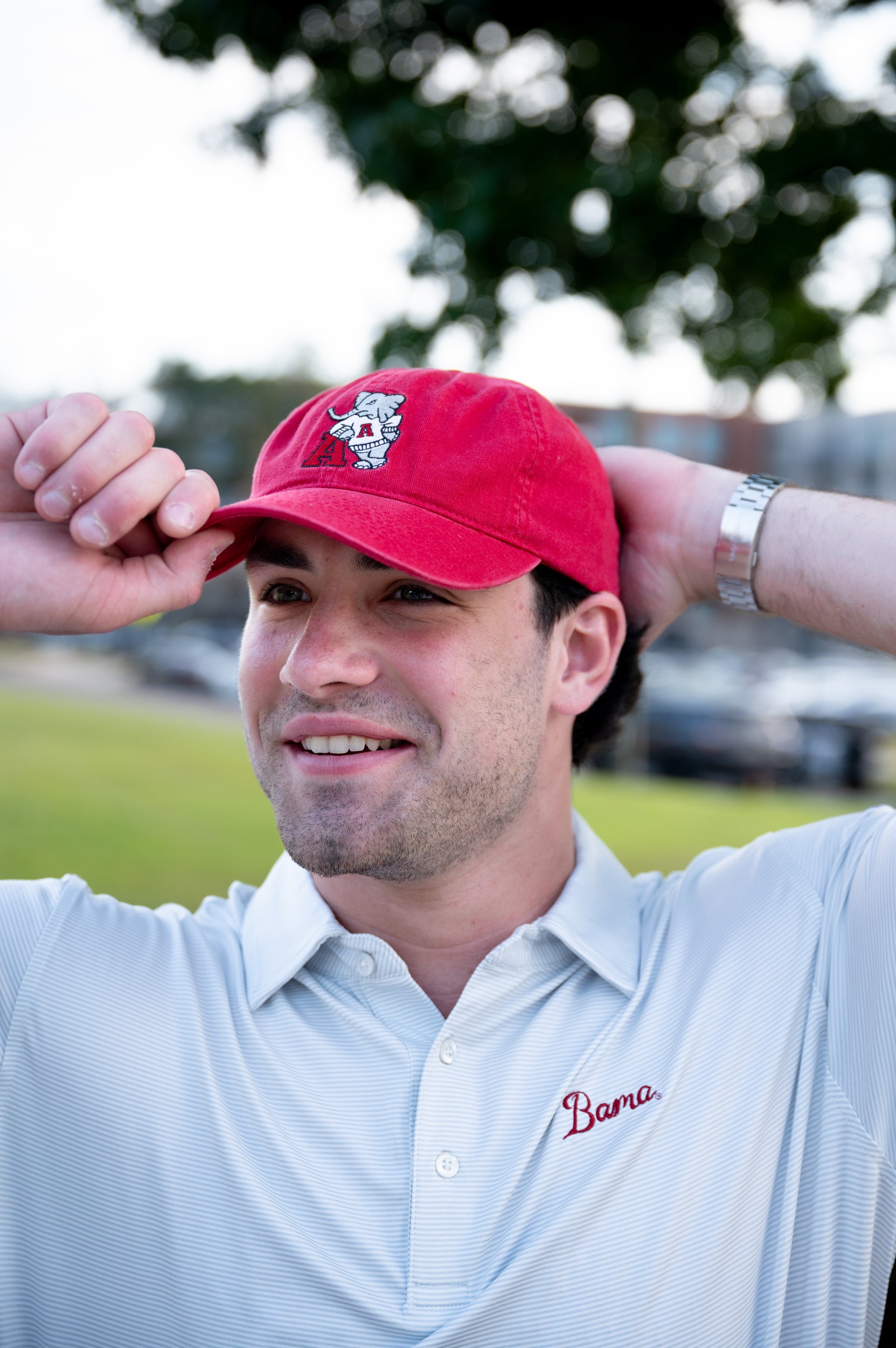 University of Alabama Red Dad Hat with an embroidered Big Al leaning on a Red Block A