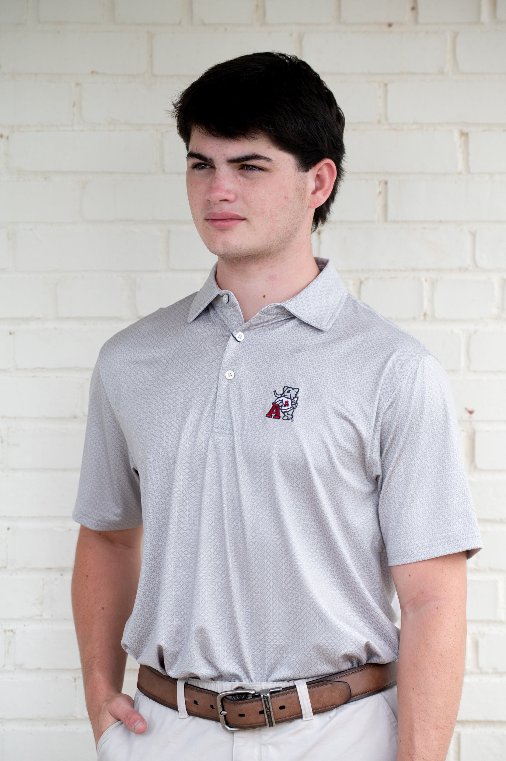 University of Alabama Grey Men's Diamond Polo with Old School Al Logo embroidery