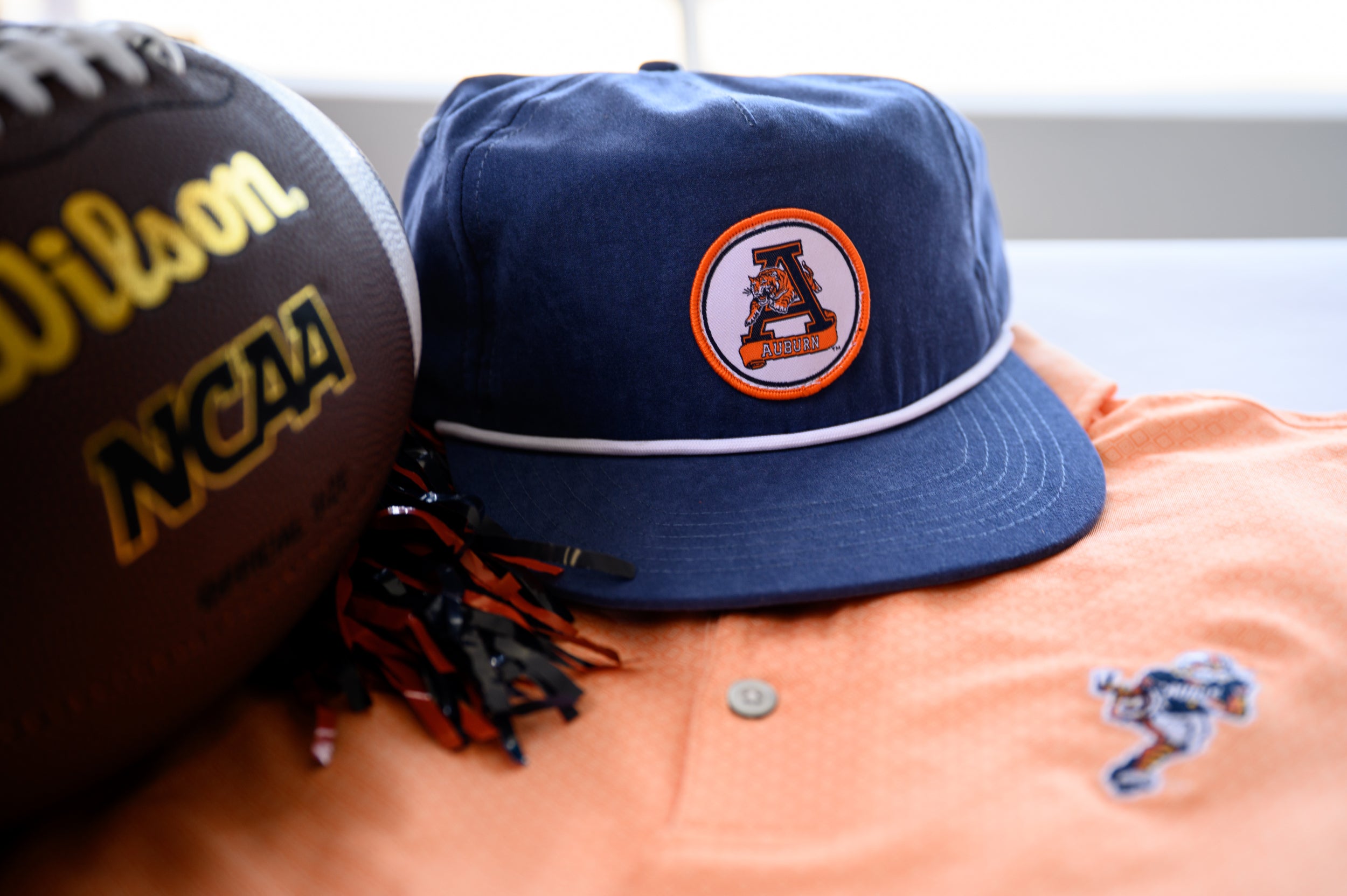 Auburn University Navy Hat with a White rope and a patch of the Leaping Tiger Logo