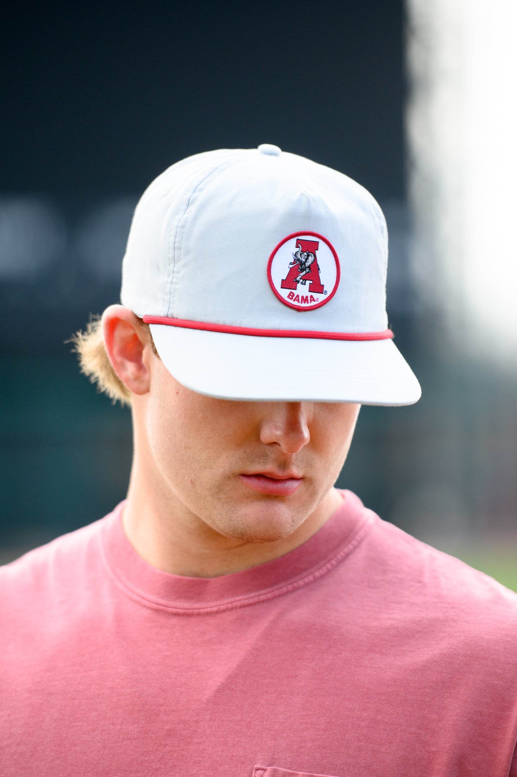 University of Alabama Light Grey Hat with a Red rope and a patch of the Vintage A Logo