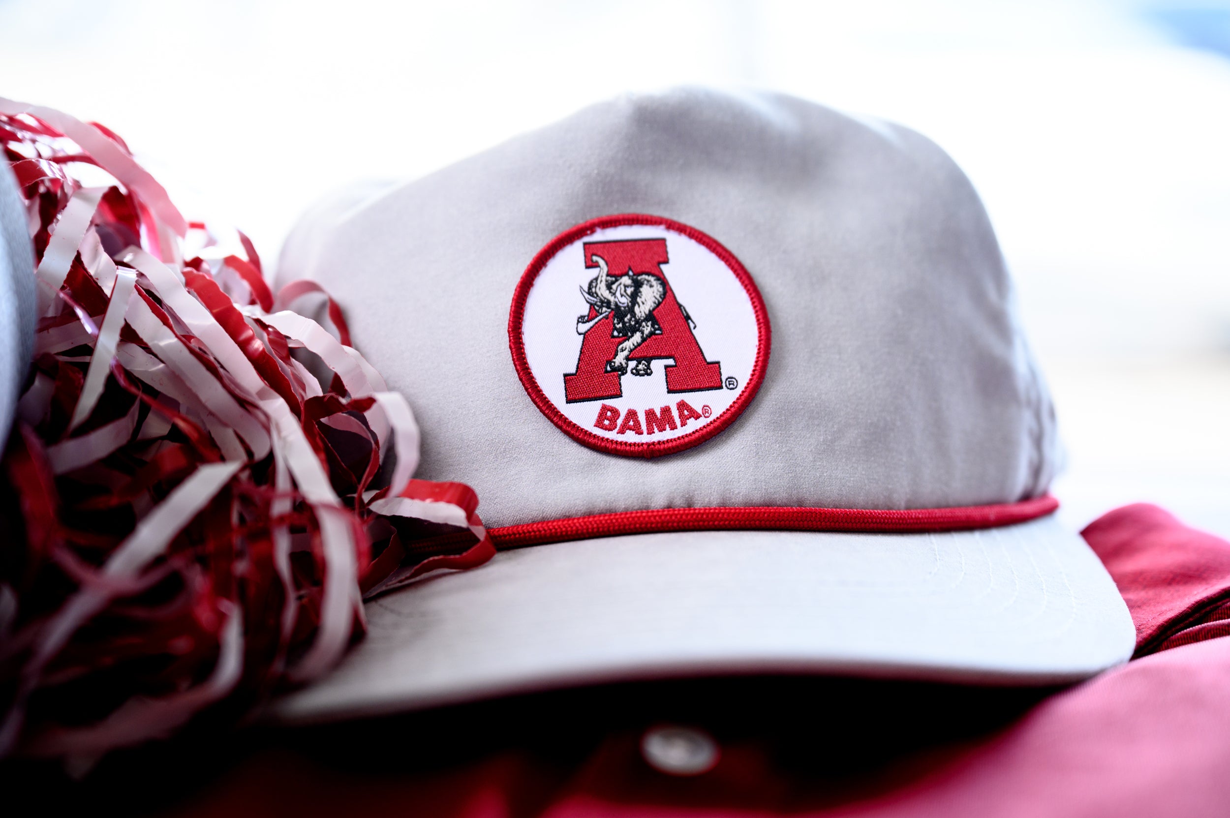 University of Alabama Light Grey Hat with a Red rope and a patch of the Vintage A Logo