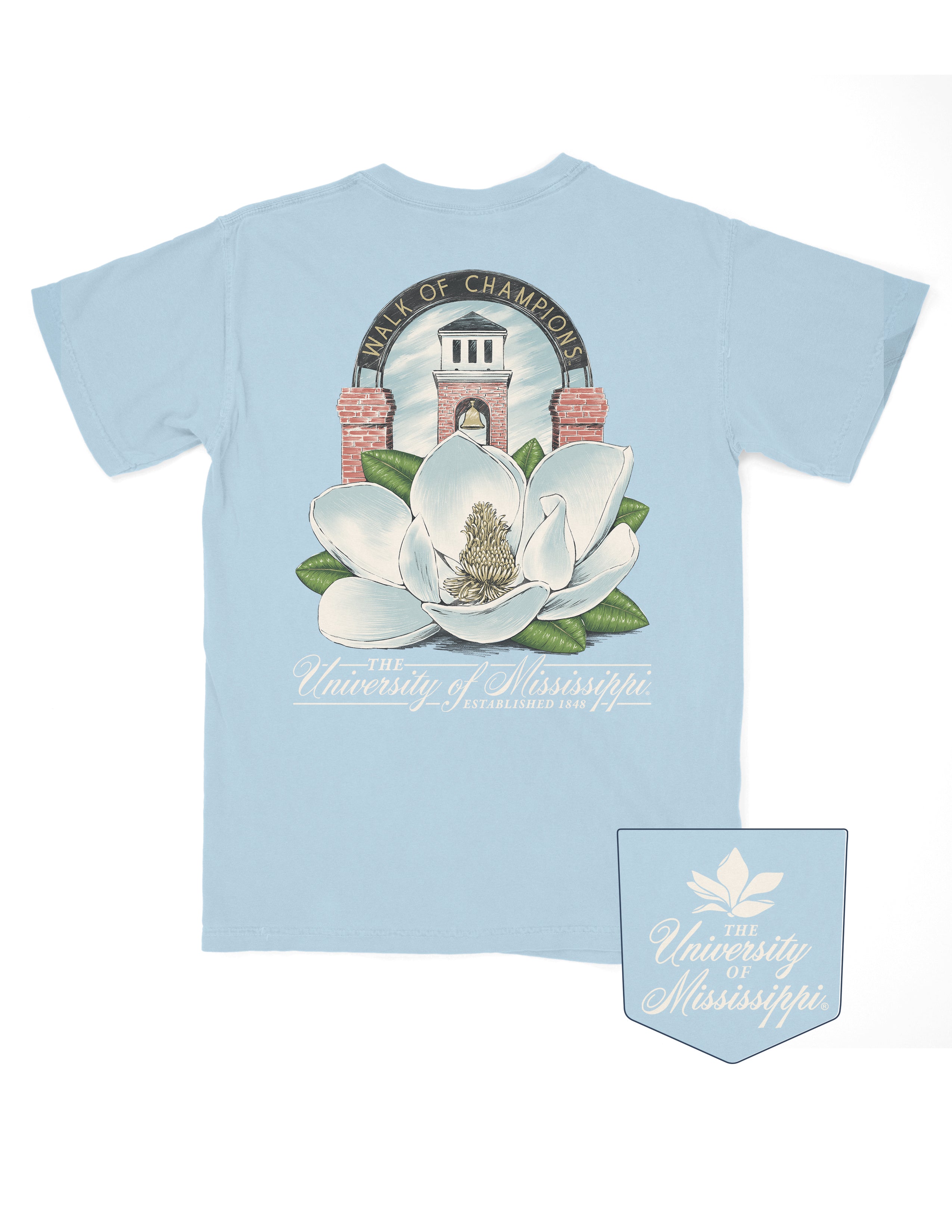 Light blue t-shirt with a magnolia flower graphic and 'University of Mississippi' text on a white background