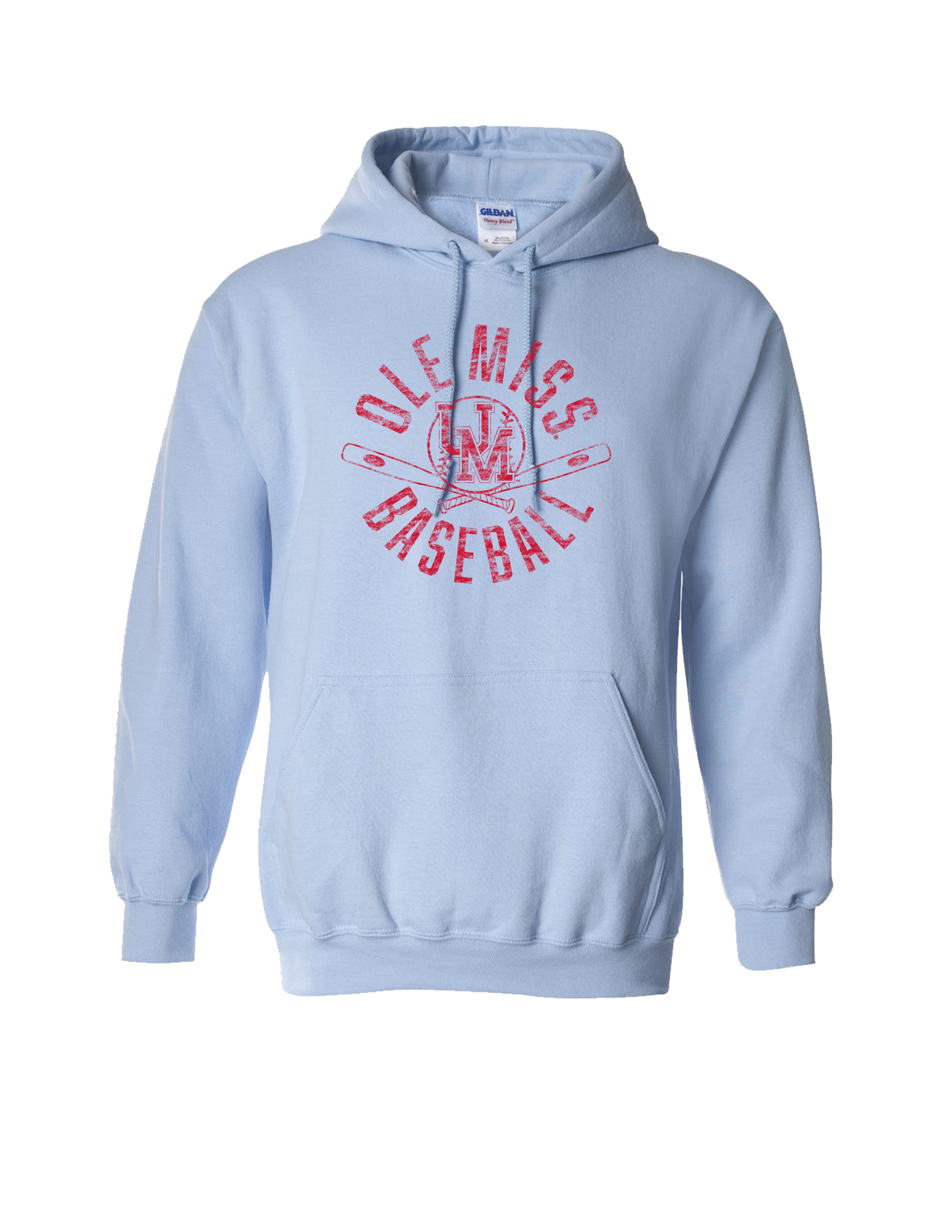 Mississippi State Distressed Light Blue Hoodie with a Red Baseball featuring the MS overlapping logo over crossed baseball bats, surrounded by Red text “Miss. State Baseball”