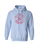 Mississippi State Distressed Light Blue Hoodie with a Red Baseball featuring the MS overlapping logo over crossed baseball bats, surrounded by Red text “Miss. State Baseball”