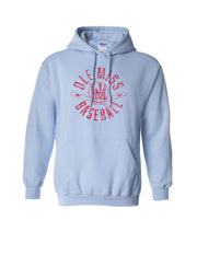 Mississippi State Distressed Light Blue Hoodie with a Red Baseball featuring the MS overlapping logo over crossed baseball bats, surrounded by Red text “Miss. State Baseball”