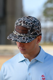 Ole Miss Camo Hat with a Leather patch with text “Mississippi University”