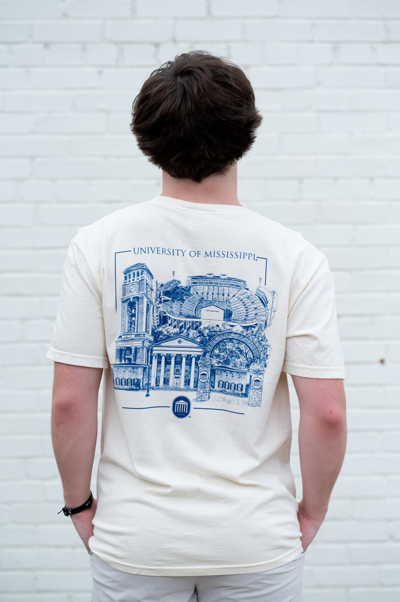 Ole Miss Ivory T-Shirt with an illustration of the campus’ most iconic landmarks