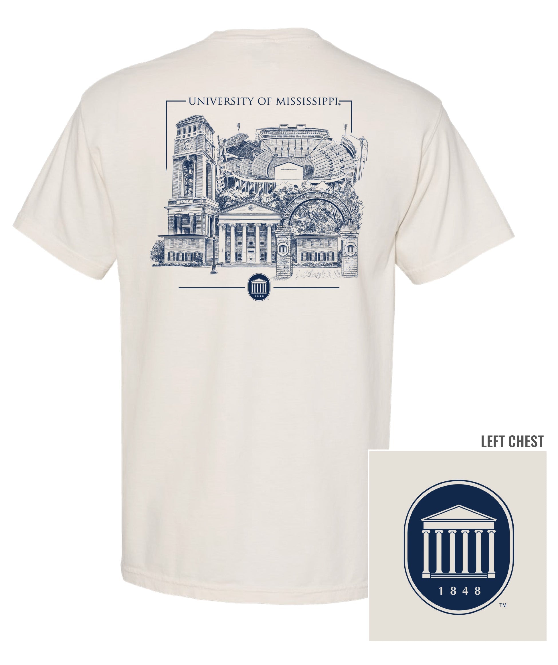Ole Miss Ivory T-Shirt with an illustration of the campus’ most iconic landmarks