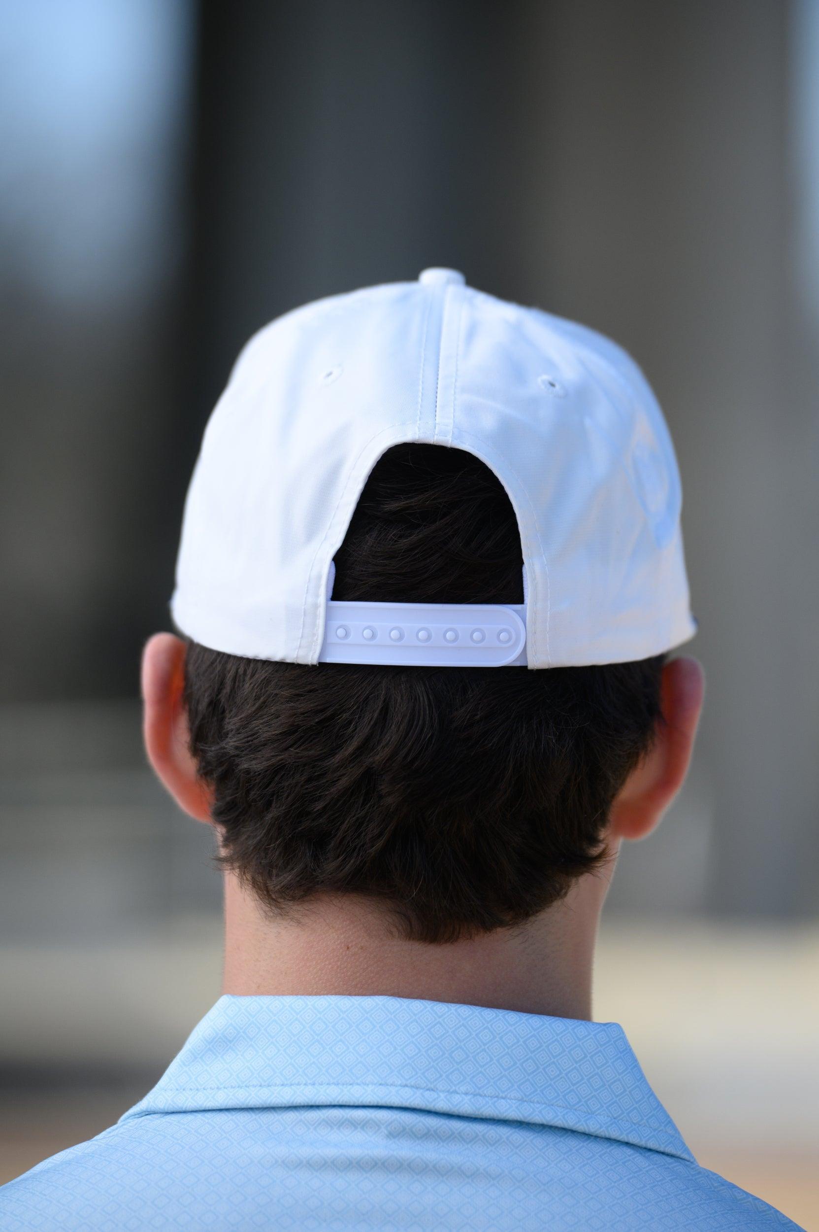 Ole Miss White Hat with Blue embroidery “Ole Miss” with a golf flag representing the “I” in “Miss” snapback hat