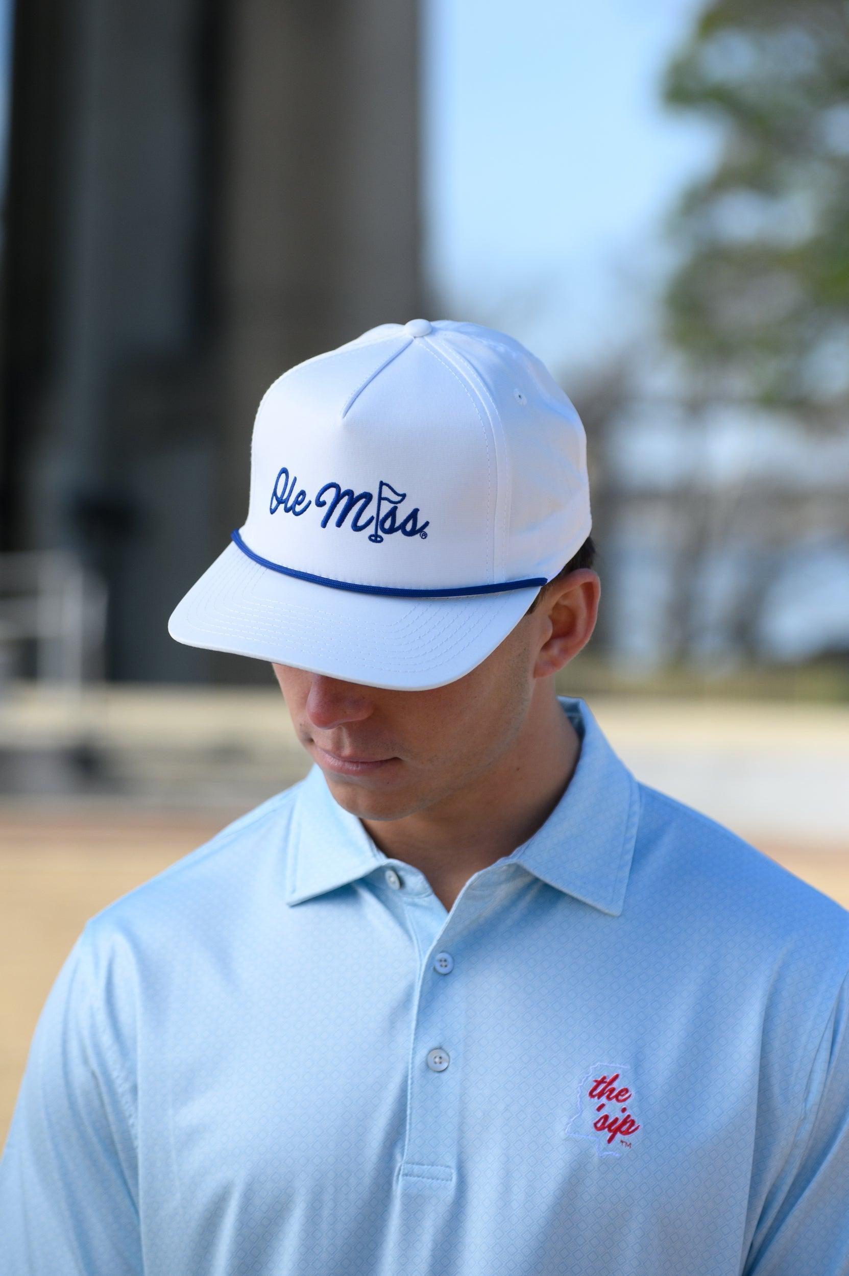Ole Miss White Hat with Blue embroidery “Ole Miss” with a golf flag representing the “I” in “Miss”