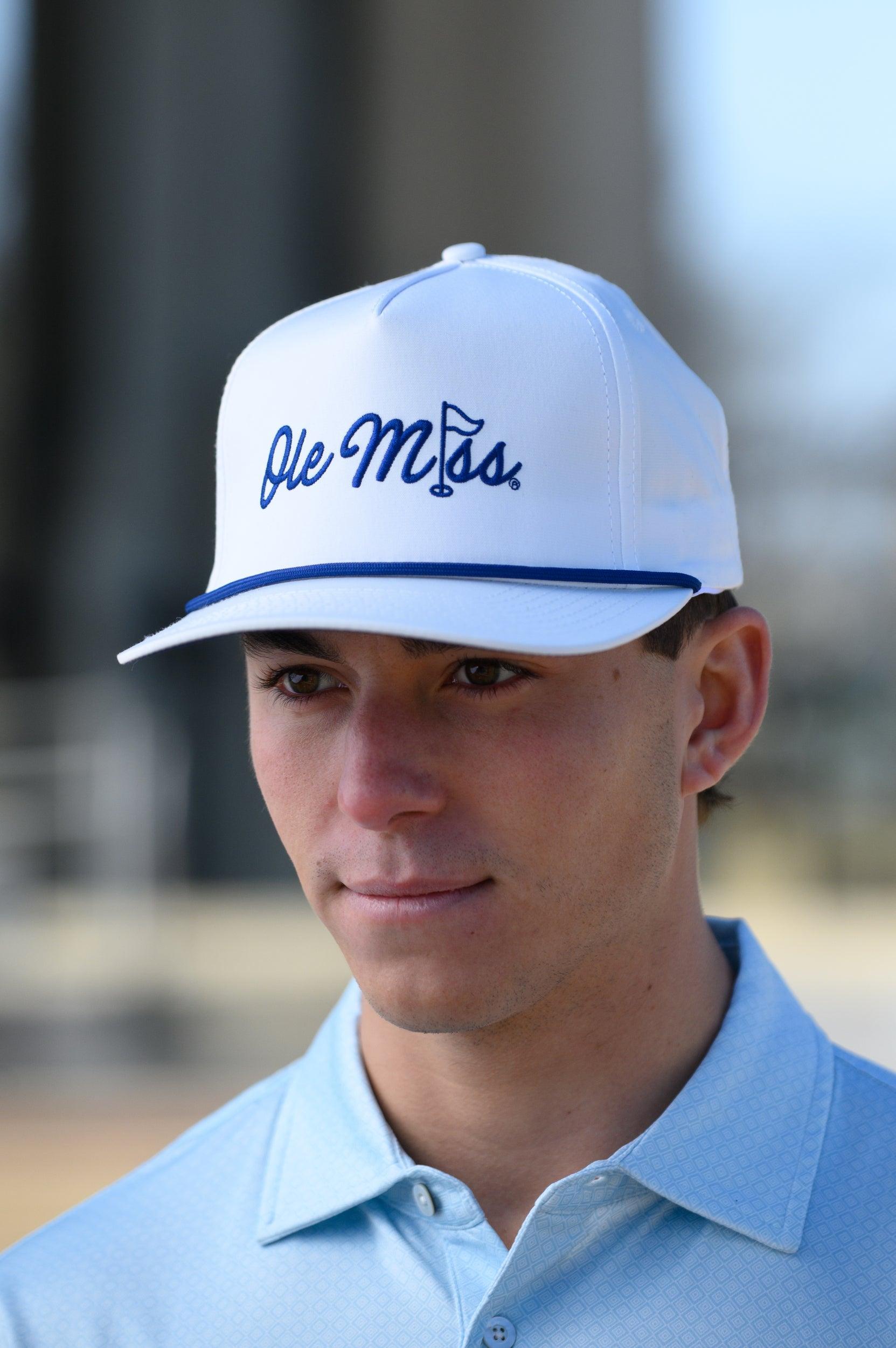 Ole Miss White Hat with Blue embroidery “Ole Miss” with a golf flag representing the “I” in “Miss”