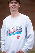 Ole Miss Light Grey Heather Sweatshirt with a basketball hoop outline behind text “Ole Miss Basketball”