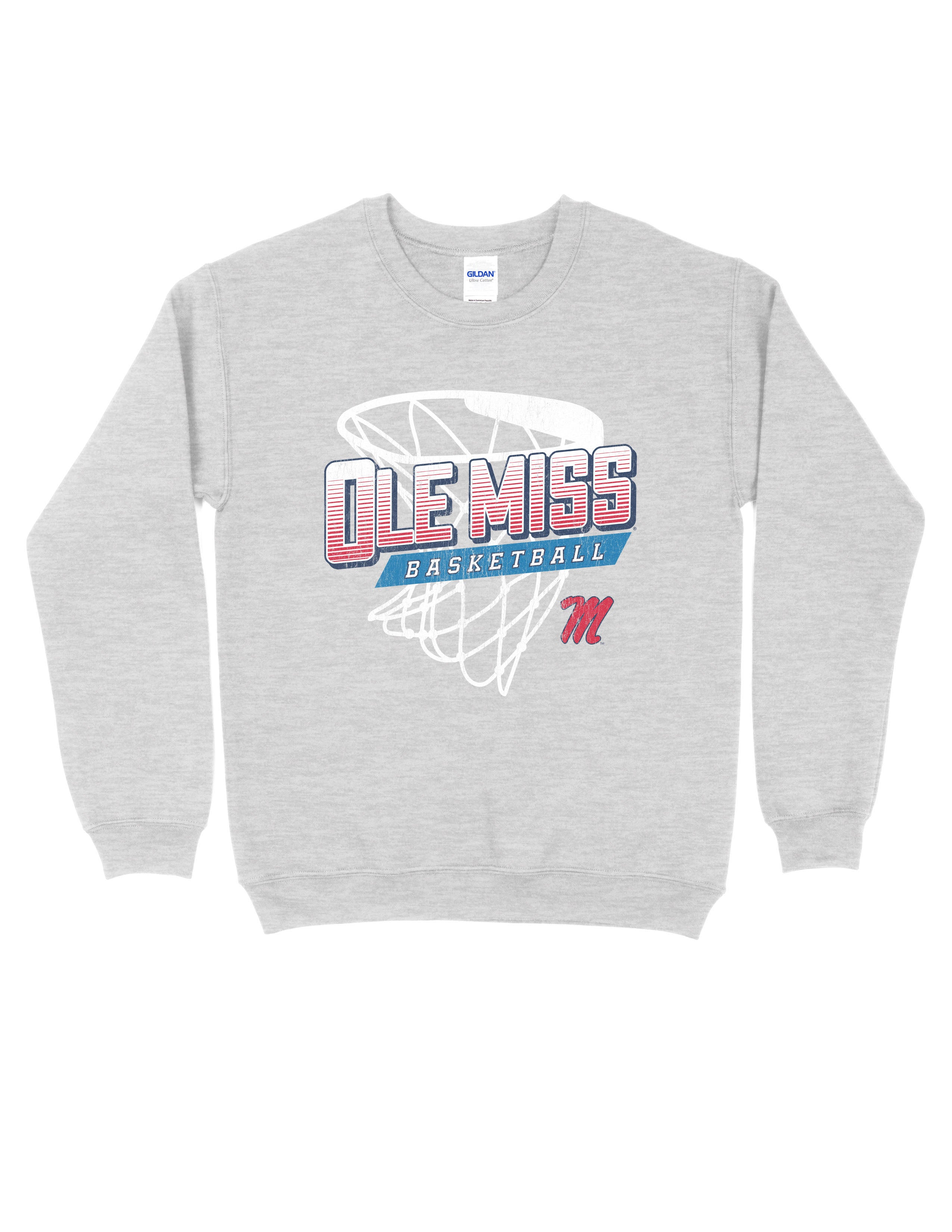 Ole Miss Light Grey Heather Sweatshirt with a basketball hoop outline behind text “Ole Miss Basketball”