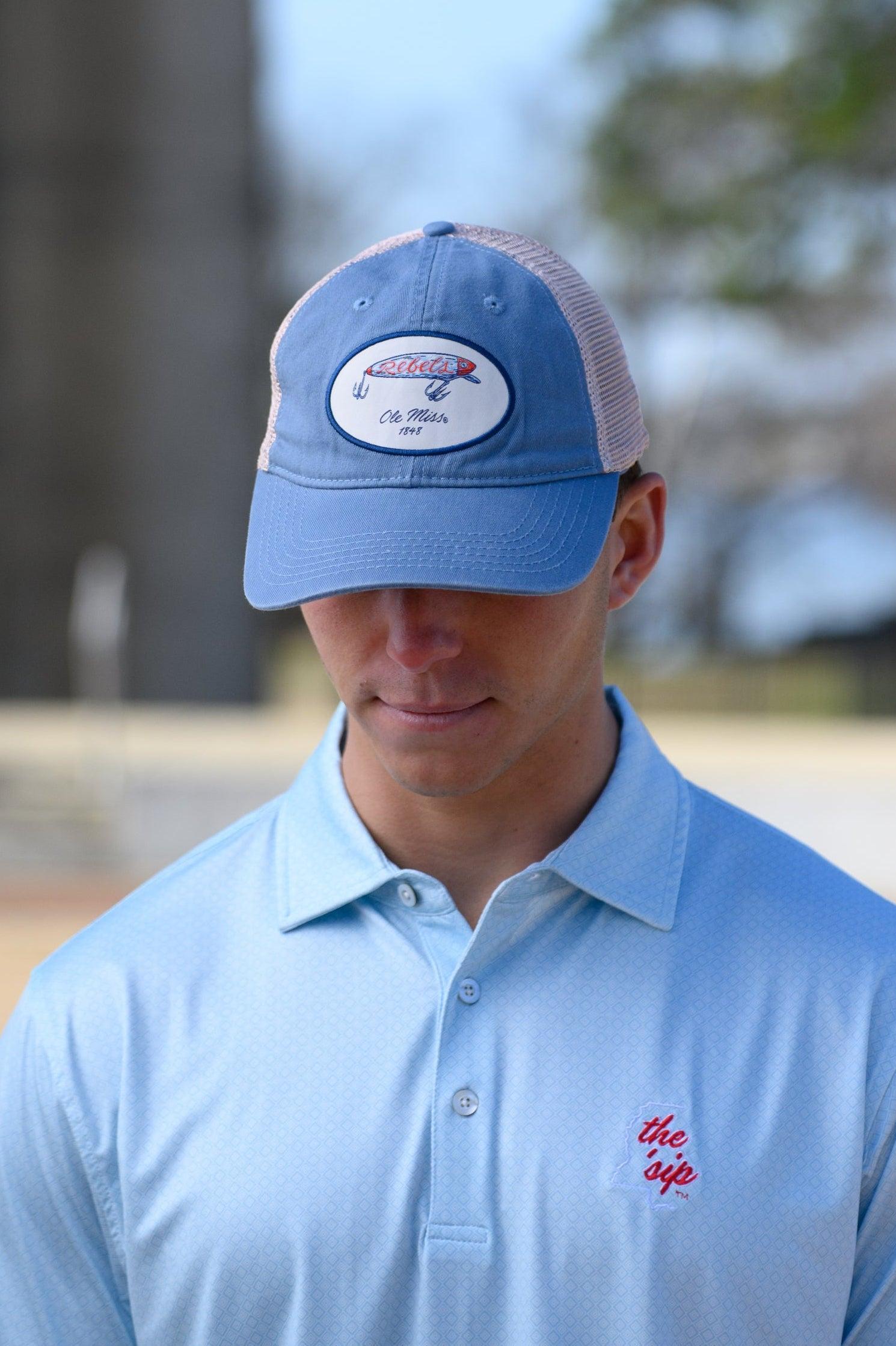 Ole Miss Dusty Blue Hat with a fishing lure with Red script “Rebels”
