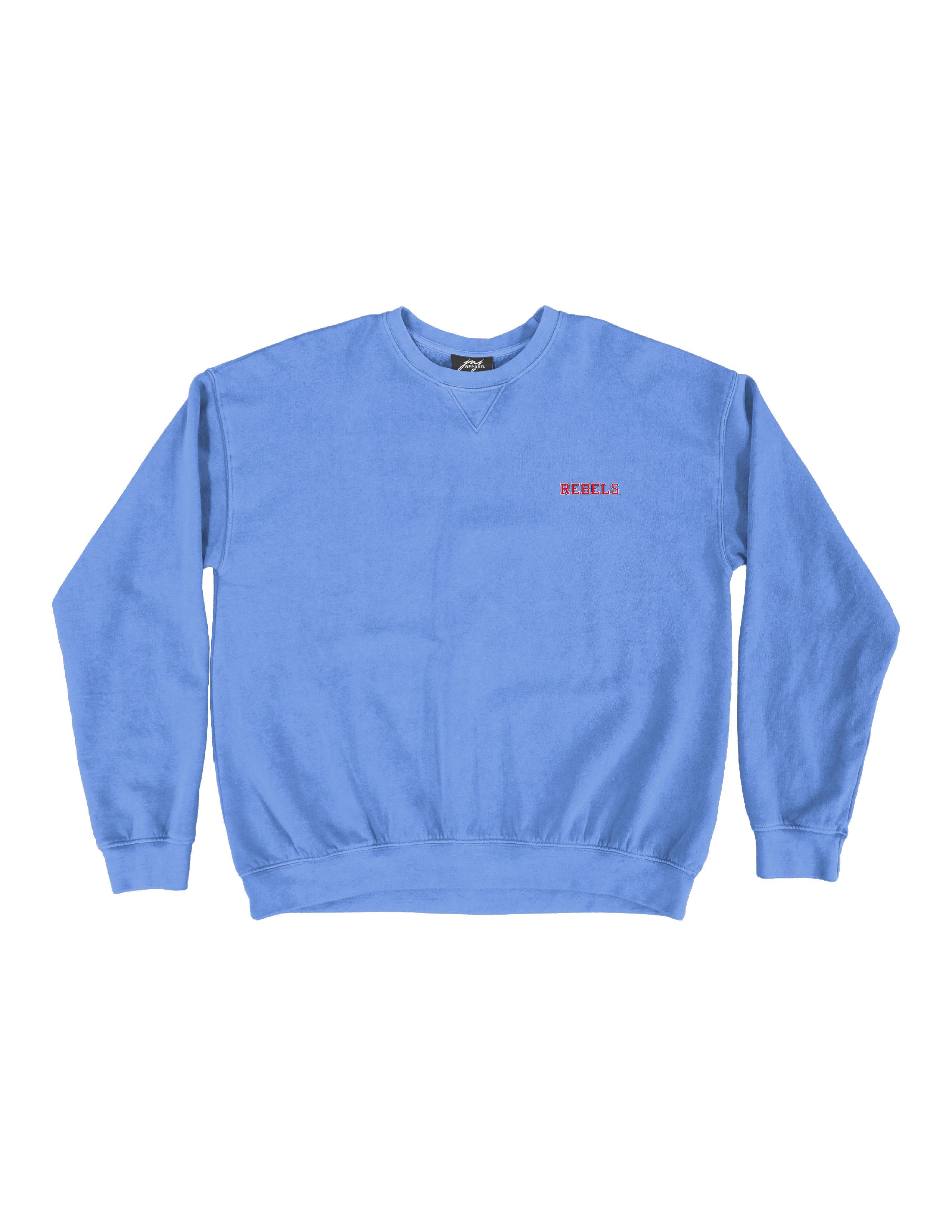 Ole Miss Blue Crewneck with the “Rebels” logo embroidered in Red on the left chest