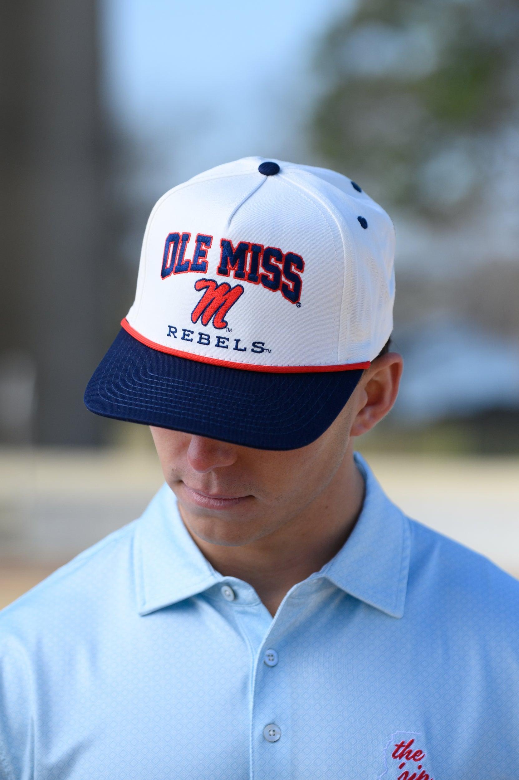 Ole Miss Cream and Navy Hat with embroidered text “Ole Miss Rebels” surrounding the Script M Logo