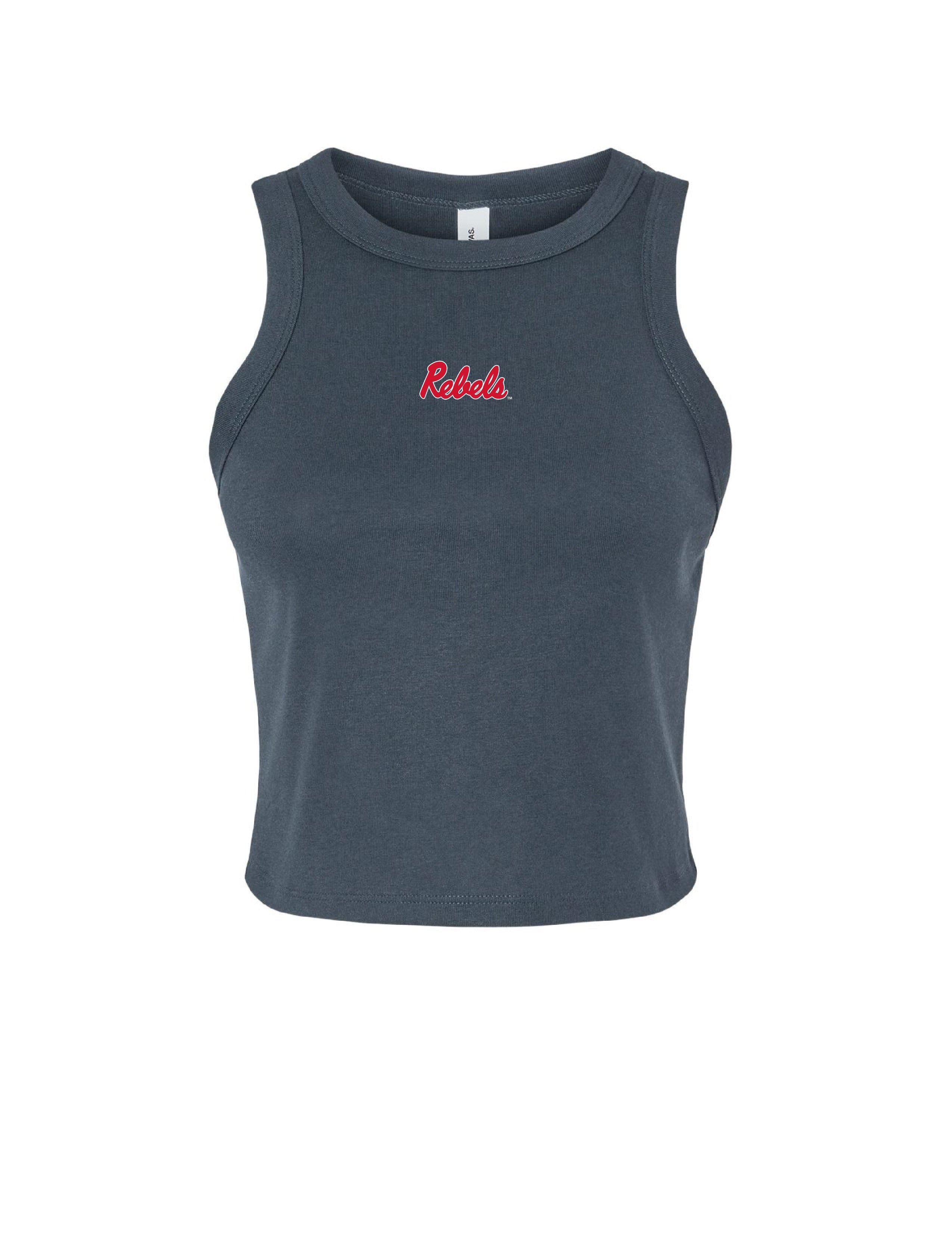 Ole Miss Navy Tank Top with Red script “Rebels” logo embroidery on the chest