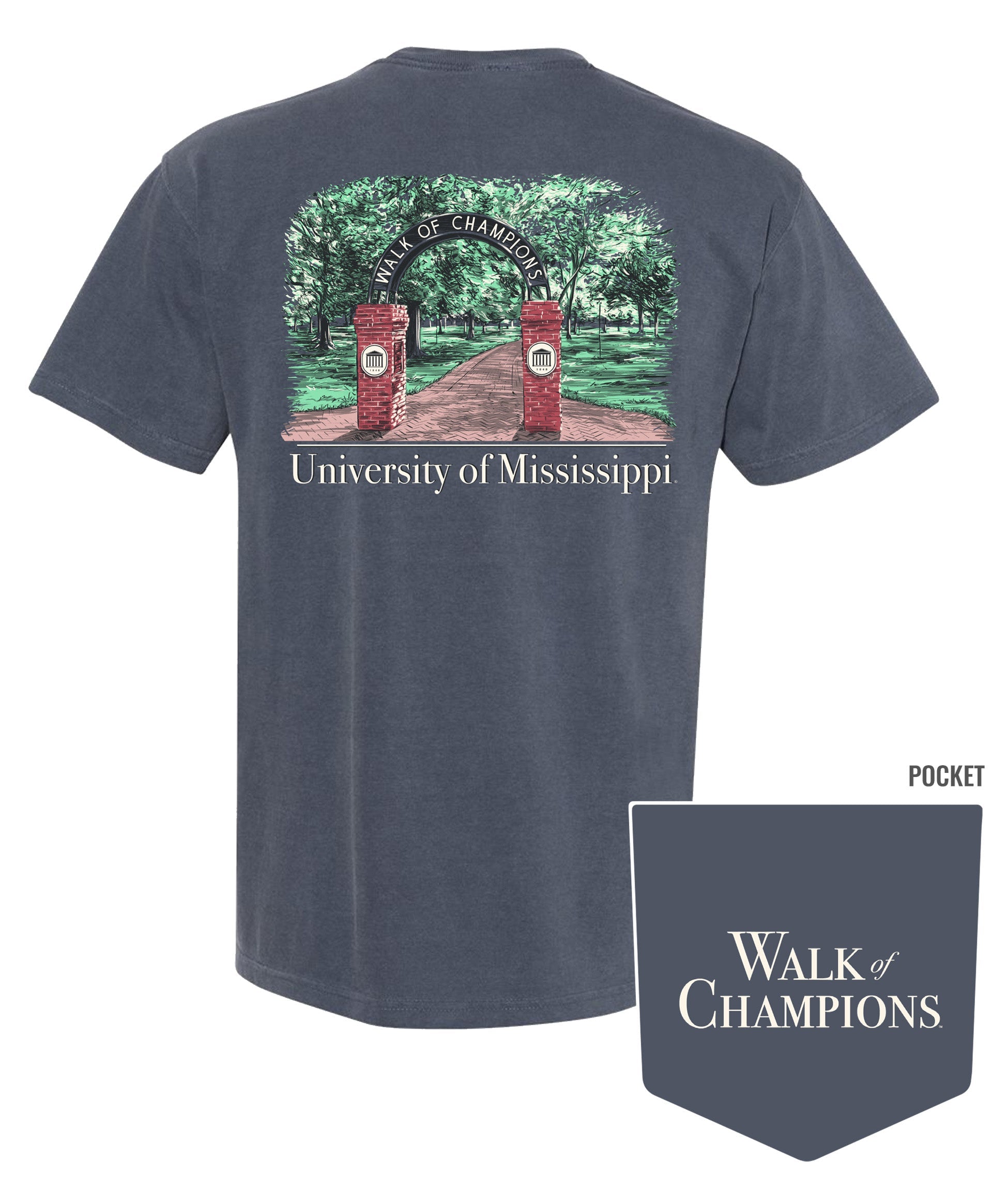 Ole Miss Dusty Navy T-Shirt with an illustration of the Mississippi University Walk of Champions