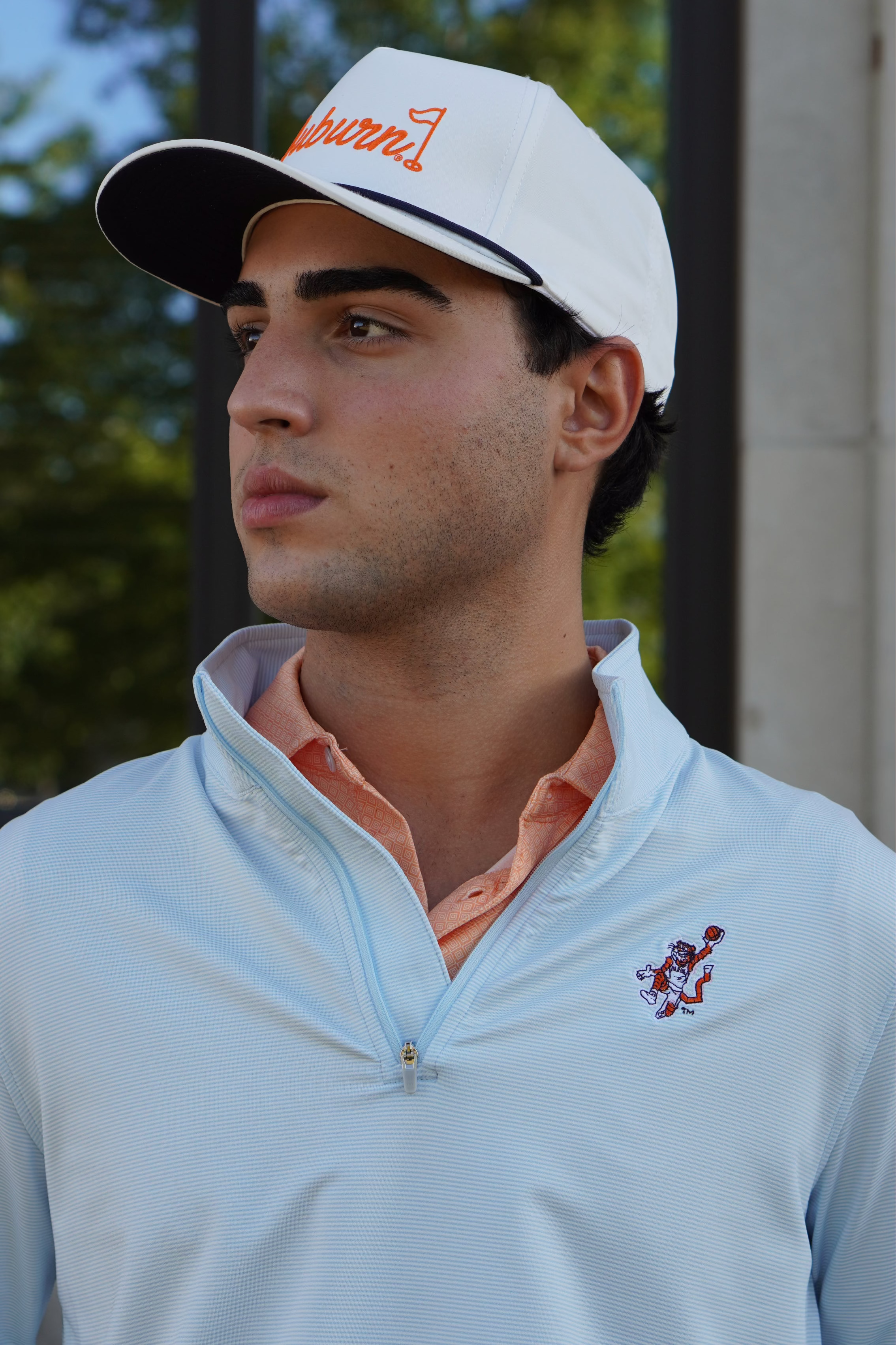 Auburn University Light Blue Men’s Stripe Polo with the Original Aubie Basketball Logo embroidery