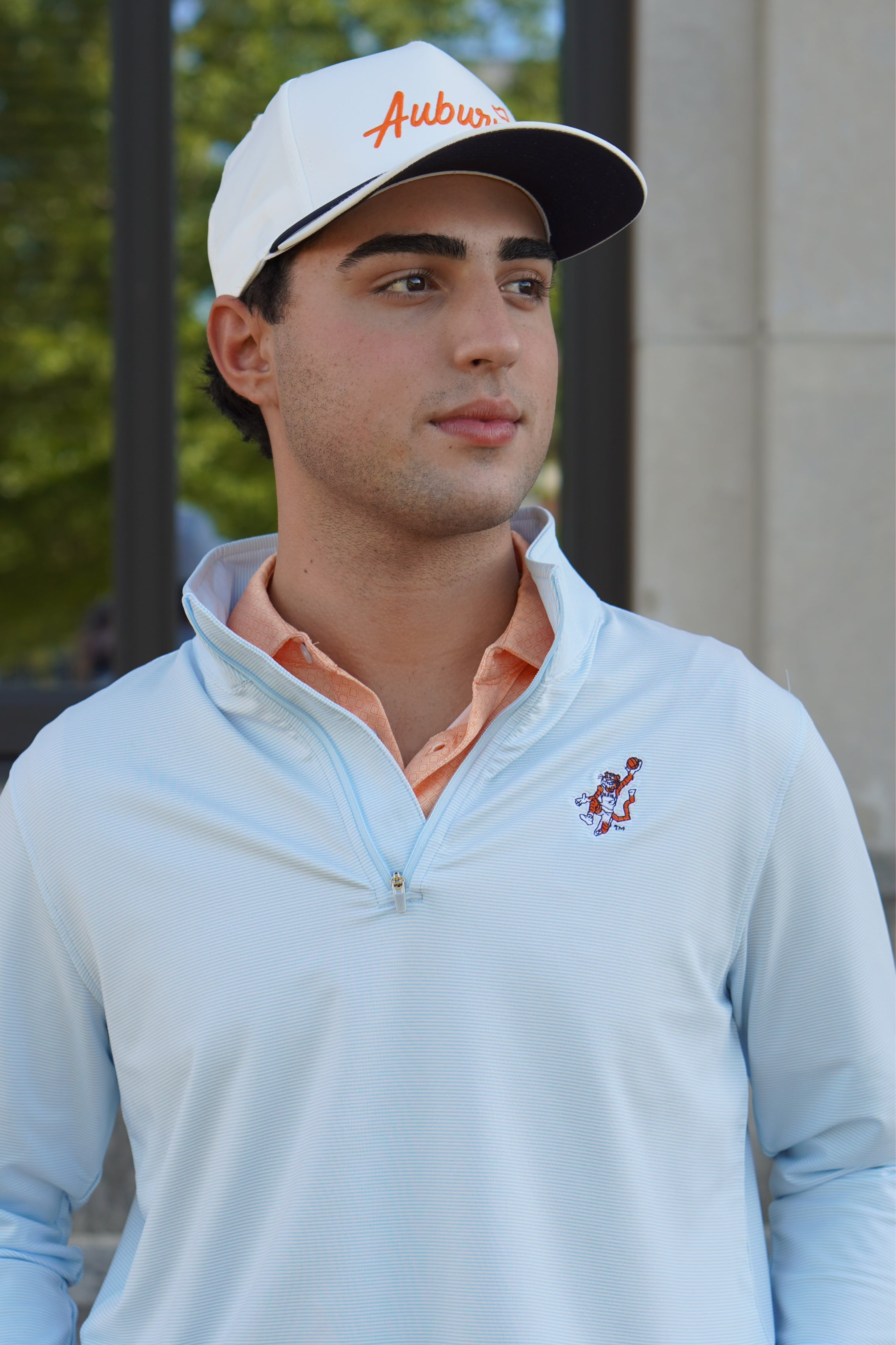 Auburn University Light Blue Men’s Stripe Polo with the Original Aubie Basketball Logo embroidery