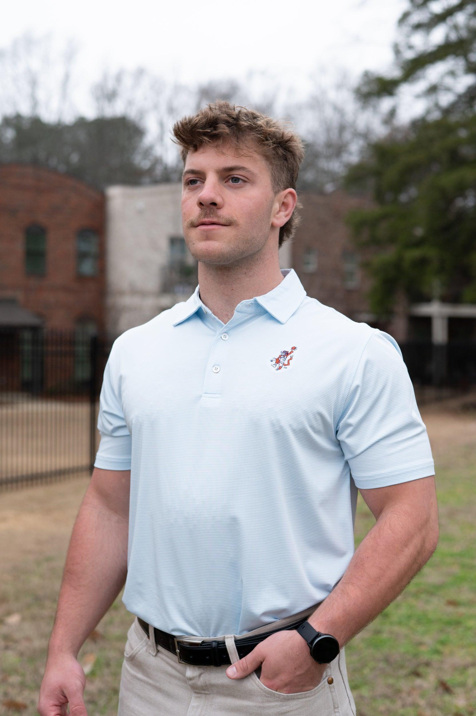 Auburn University Light Blue Men’s Stripe Polo with the Original Aubie Basketball Logo embroidery