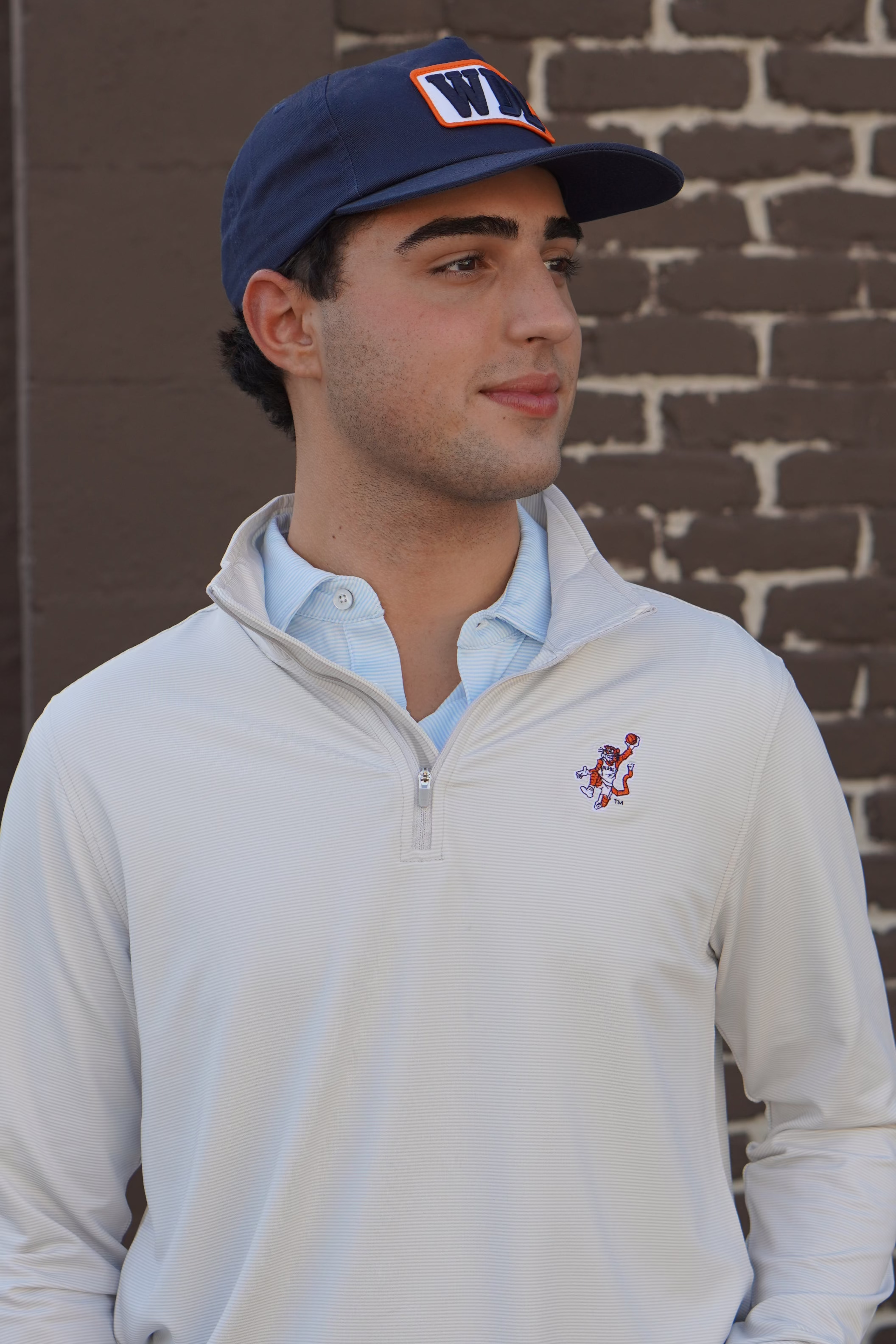 Auburn University Light Grey Stripe Men’s ¼ Zip Pullover with the Original Aubie basketball logo embroidery