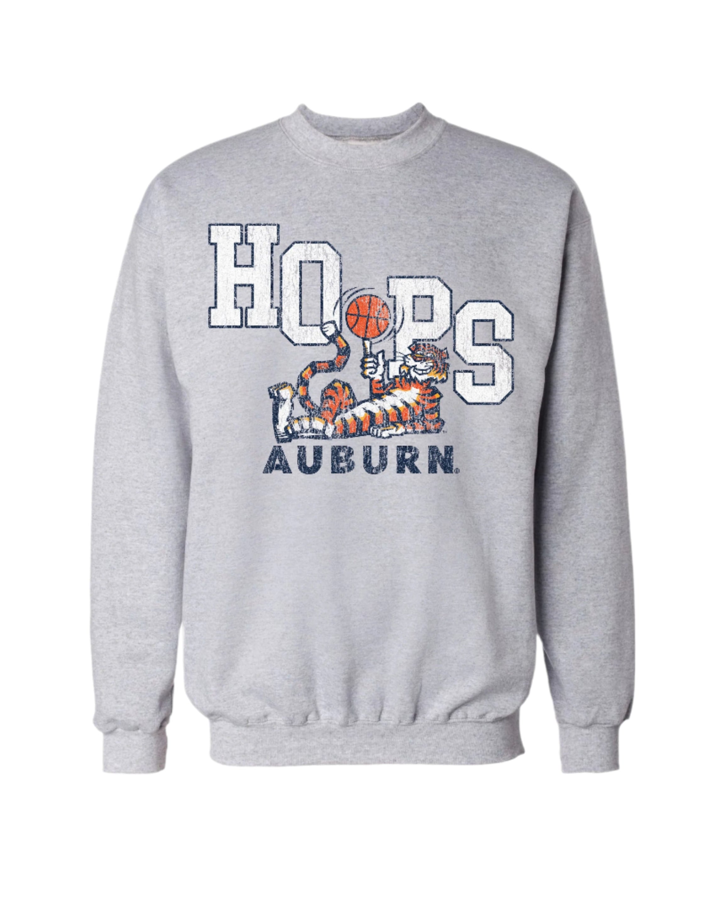 Auburn University Grey Sweatshirt with the Original Aubie lounging beneath the word "Hoops" and holding a basketball in place of the second "O"