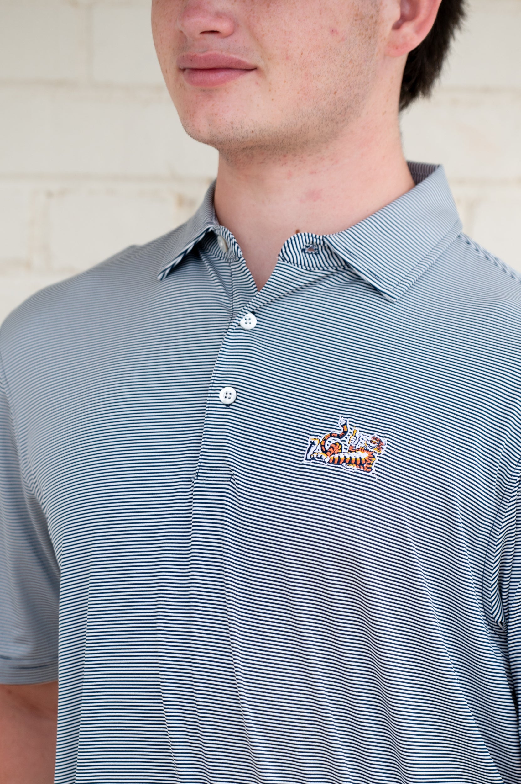 Auburn University Navy Men’s Stripe Polo with the Original Aubie Logo embroidery
