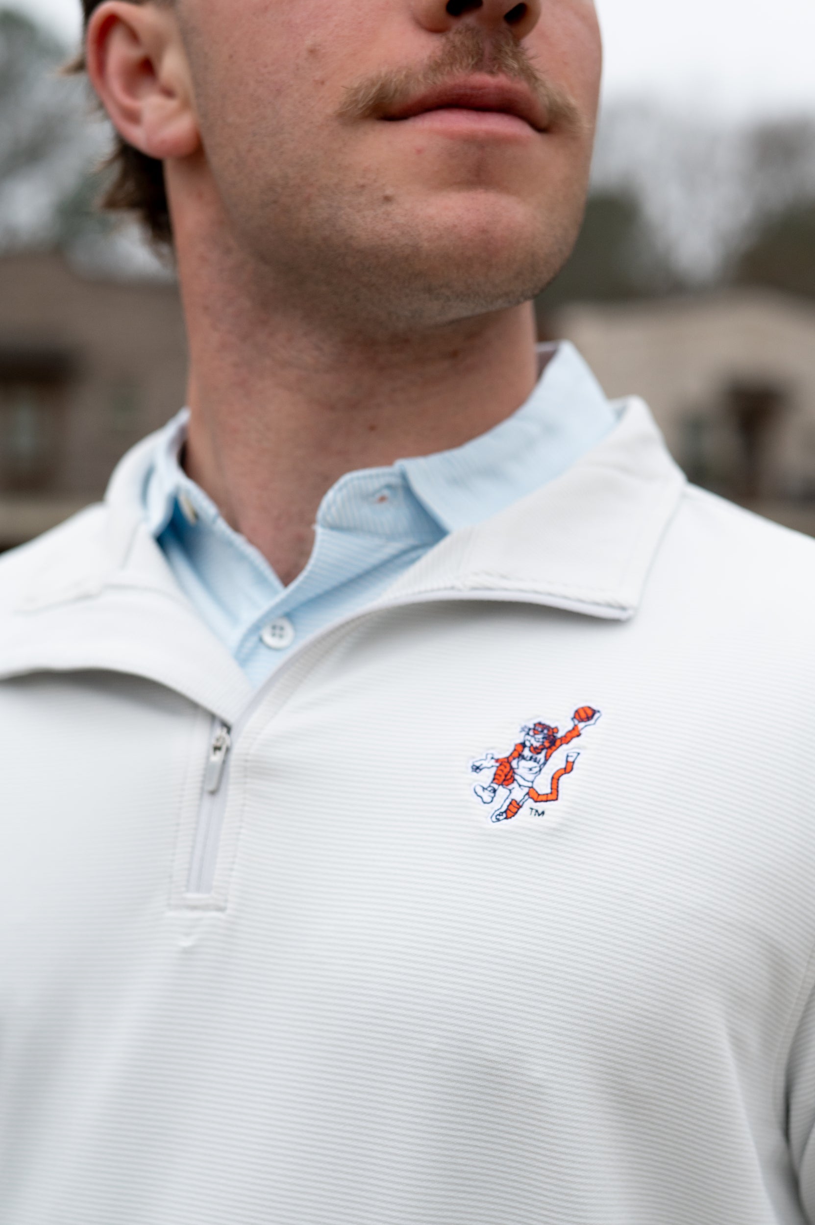 Auburn University Light Grey Stripe ¼ Zip Pullover with the Original Aubie Basketball Logo embroidery