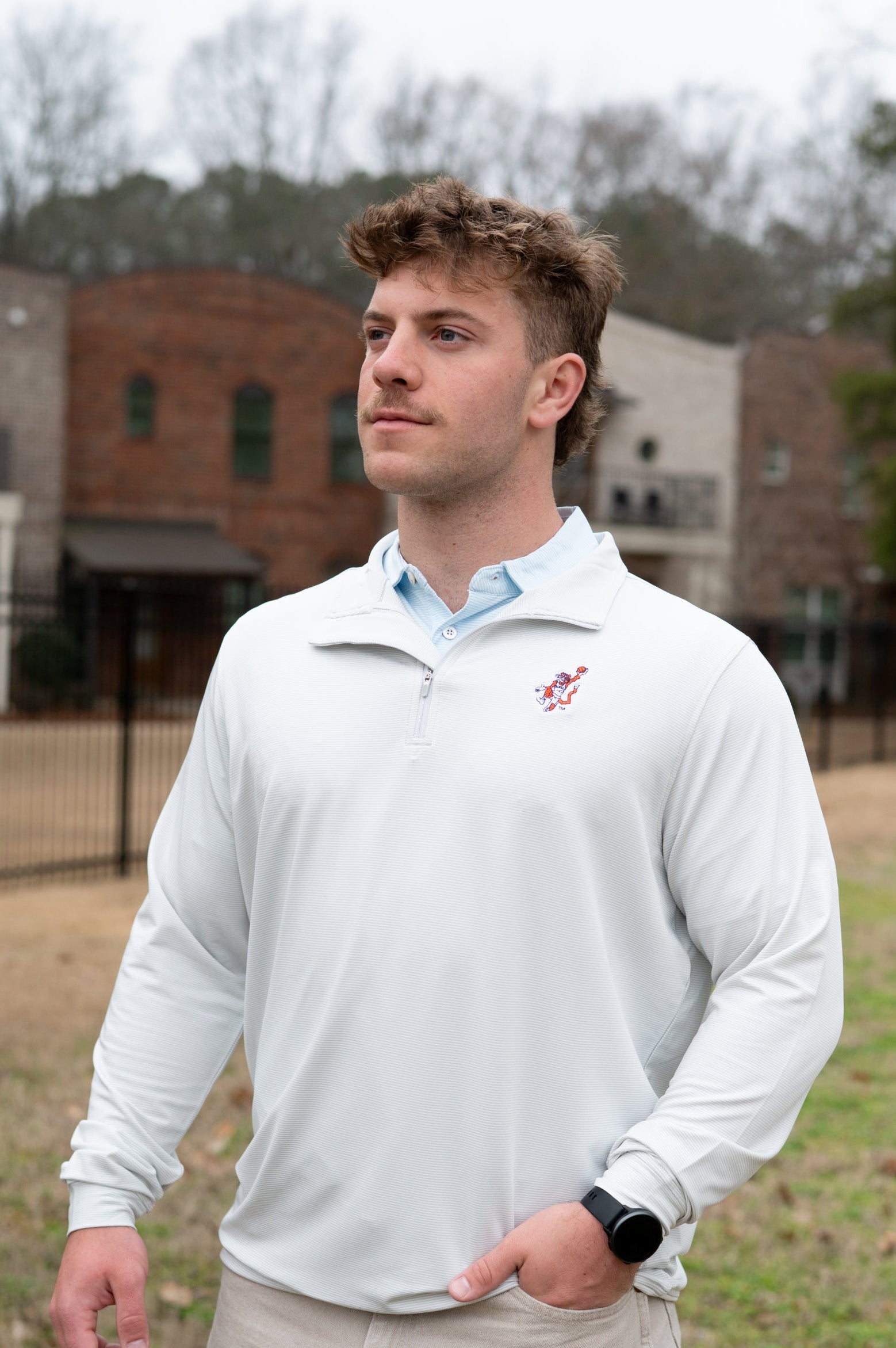 Auburn University Light Grey Stripe ¼ Zip Pullover with the Original Aubie Basketball Logo embroidery