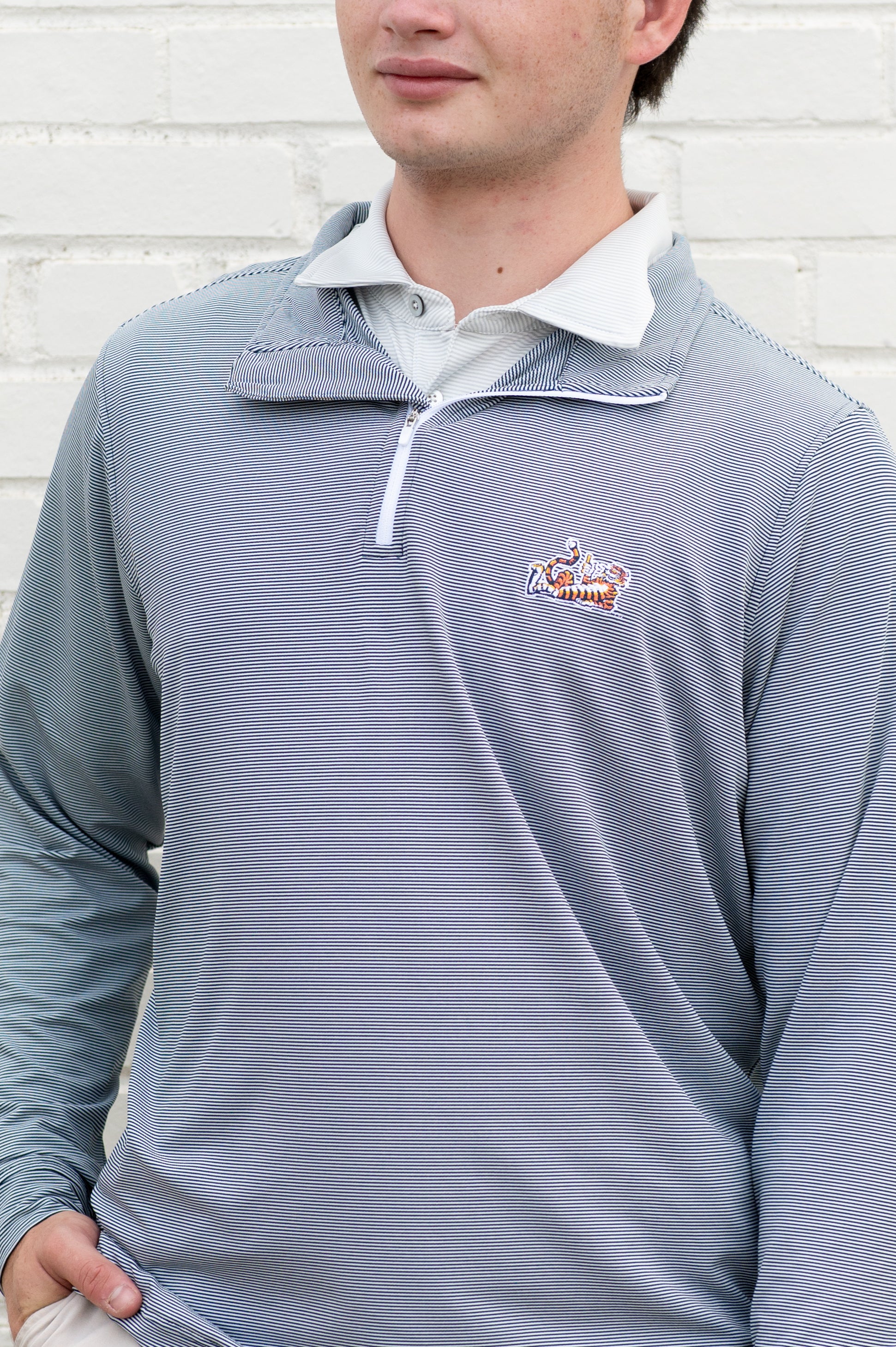 Auburn University Navy Stripe ¼ Zip Pullover with the Original Aubie Logo embroidery