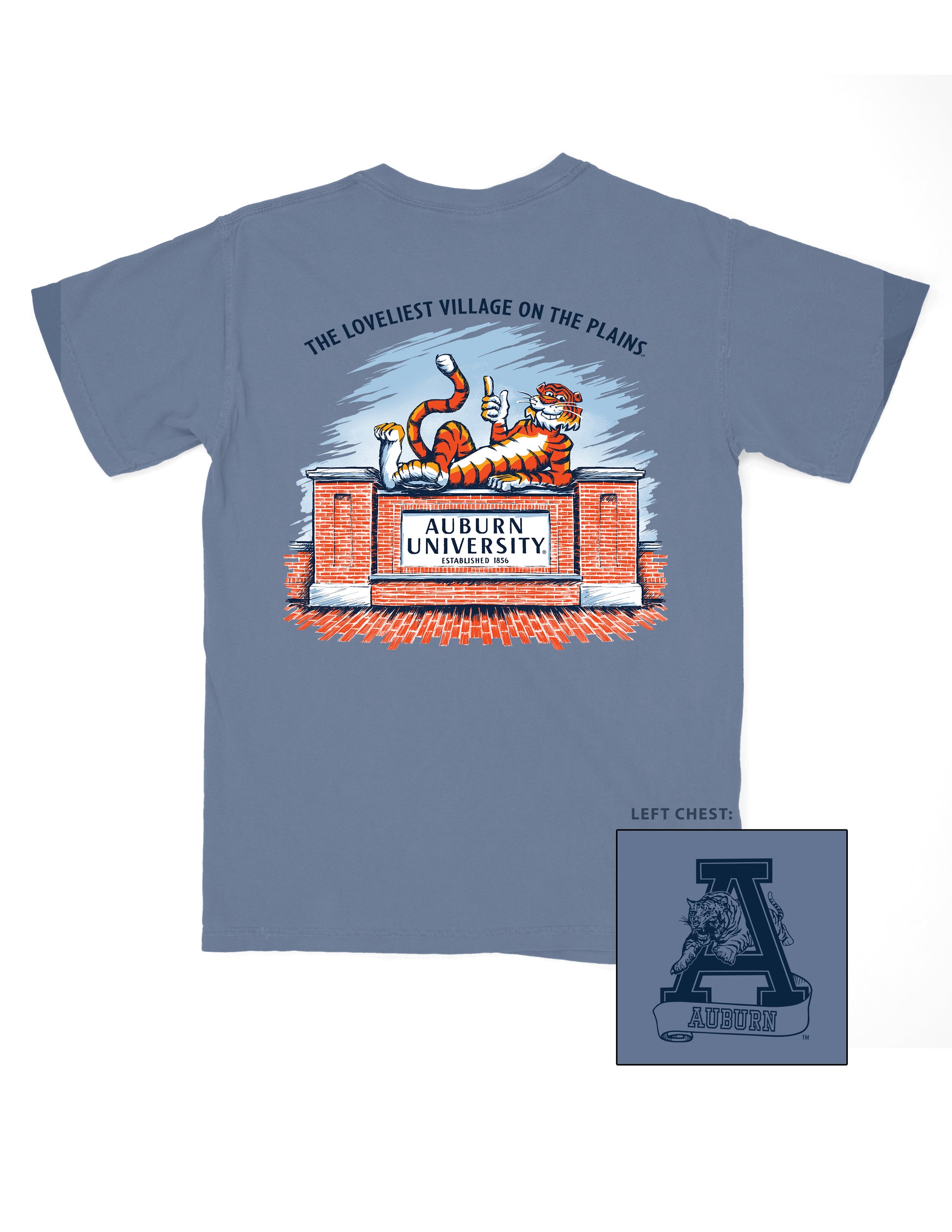 Auburn University Blue Jean T-Shirt with the Original Aubie lounging on top of the Auburn University Sign