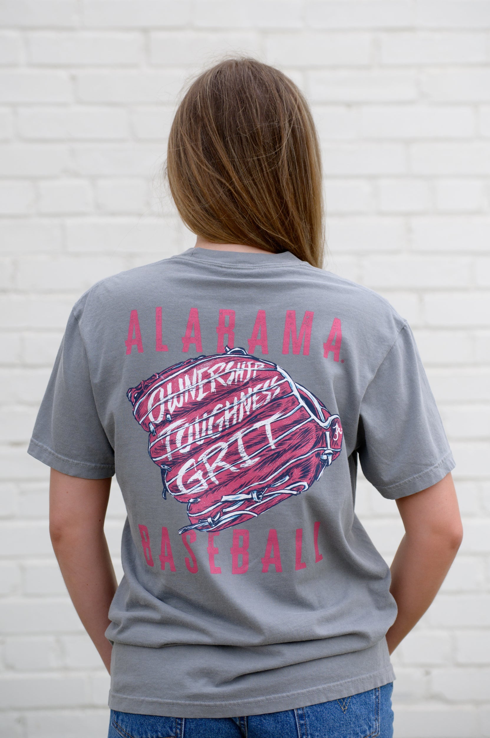 University of Alabama Grey T-Shirt with a baseball glove featuring the Alabama Baseball motto "Ownership, Toughness, Grit"
