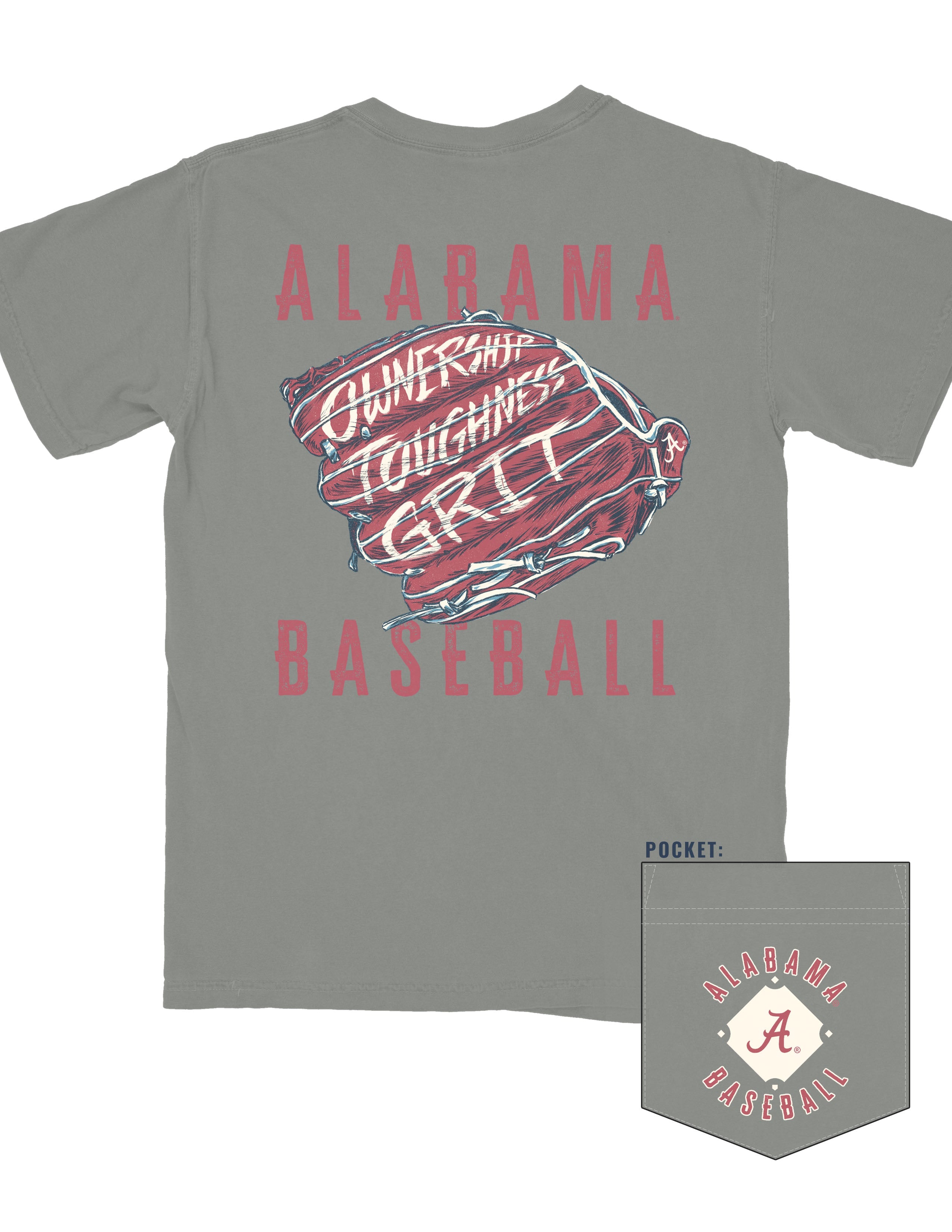 University of Alabama Grey T-Shirt with a baseball glove featuring the Alabama Baseball motto "Ownership, Toughness, Grit"