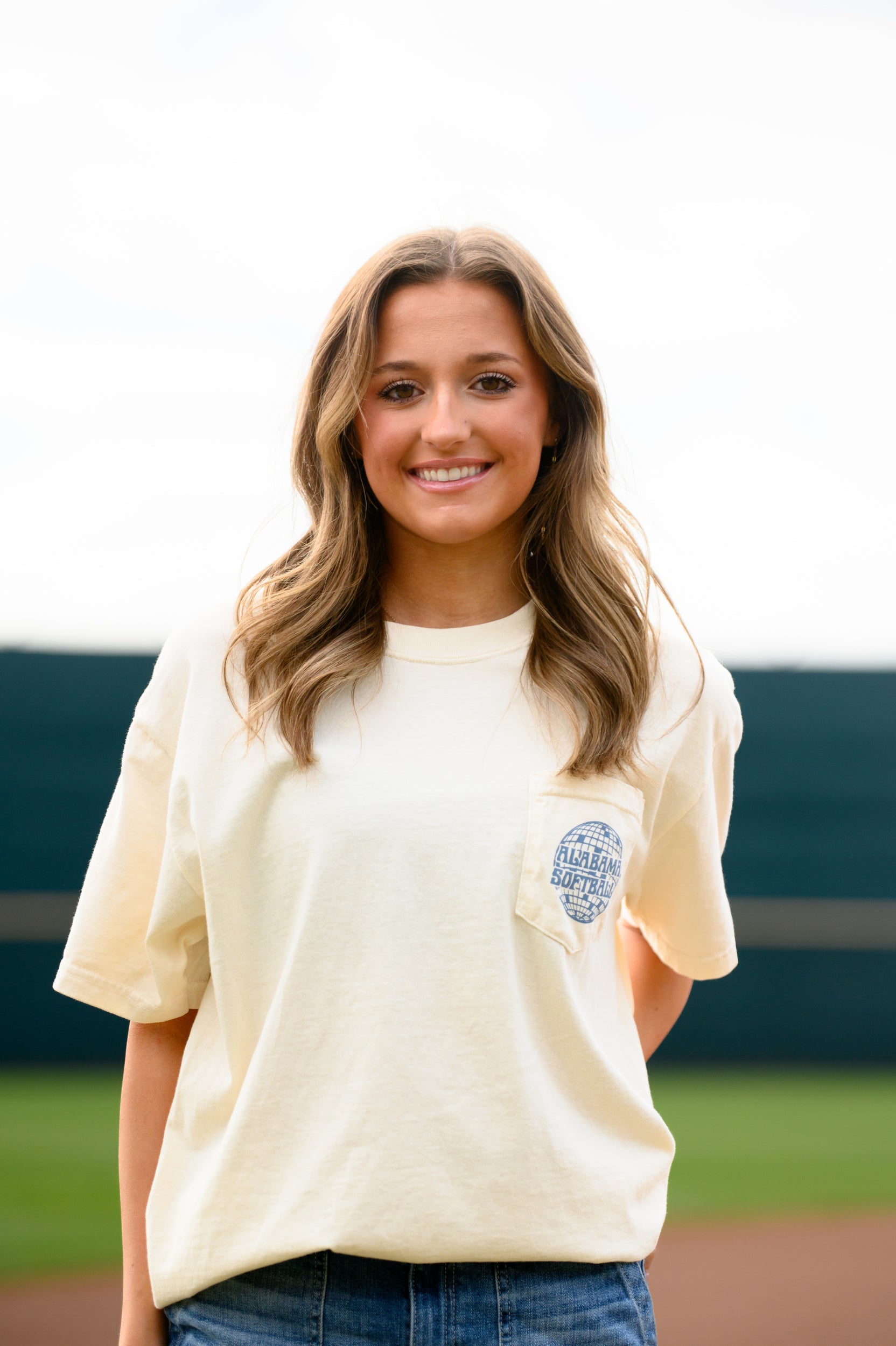 University of Alabama Ivory Front Pocket Design with a disco ball and text “Alabama Softball”