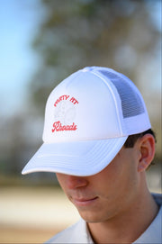 University of Alabama White Trucker Hat with Red “Party At Rhoads” text and a disco softball design in silver.