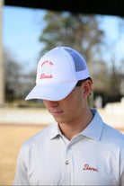 University of Alabama White Trucker Hat with Red “Party At Rhoads” text and a disco softball design in silver.
