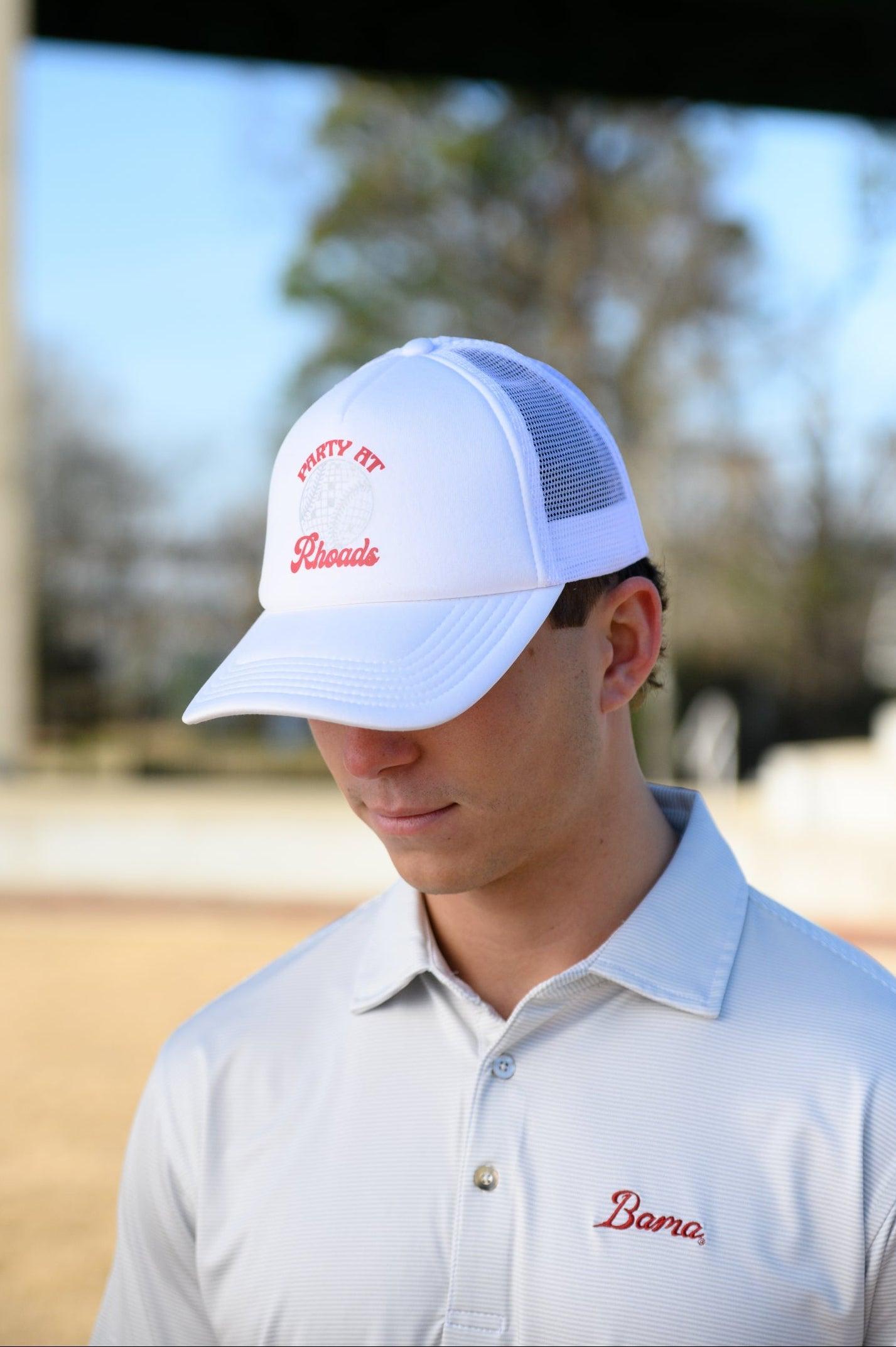 University of Alabama White Trucker Hat with Red “Party At Rhoads” text and a disco softball design in silver.