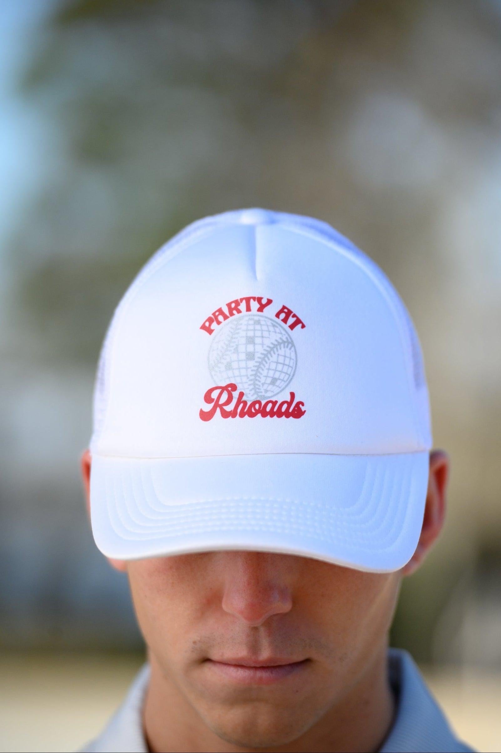 University of Alabama White Trucker Hat with Red “Party At Rhoads” text and a disco softball design in silver.