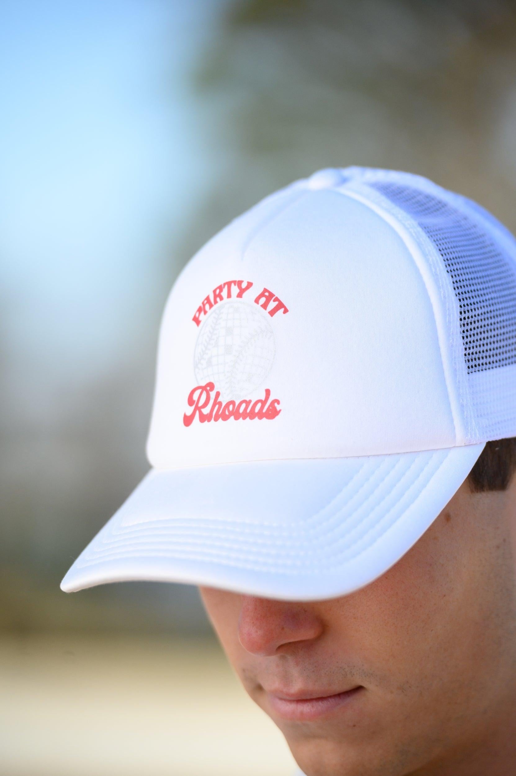 University of Alabama White Trucker Hat with Red “Party At Rhoads” text and a disco softball design in silver.