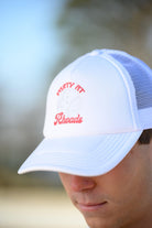 University of Alabama White Trucker Hat with Red “Party At Rhoads” text and a disco softball design in silver.